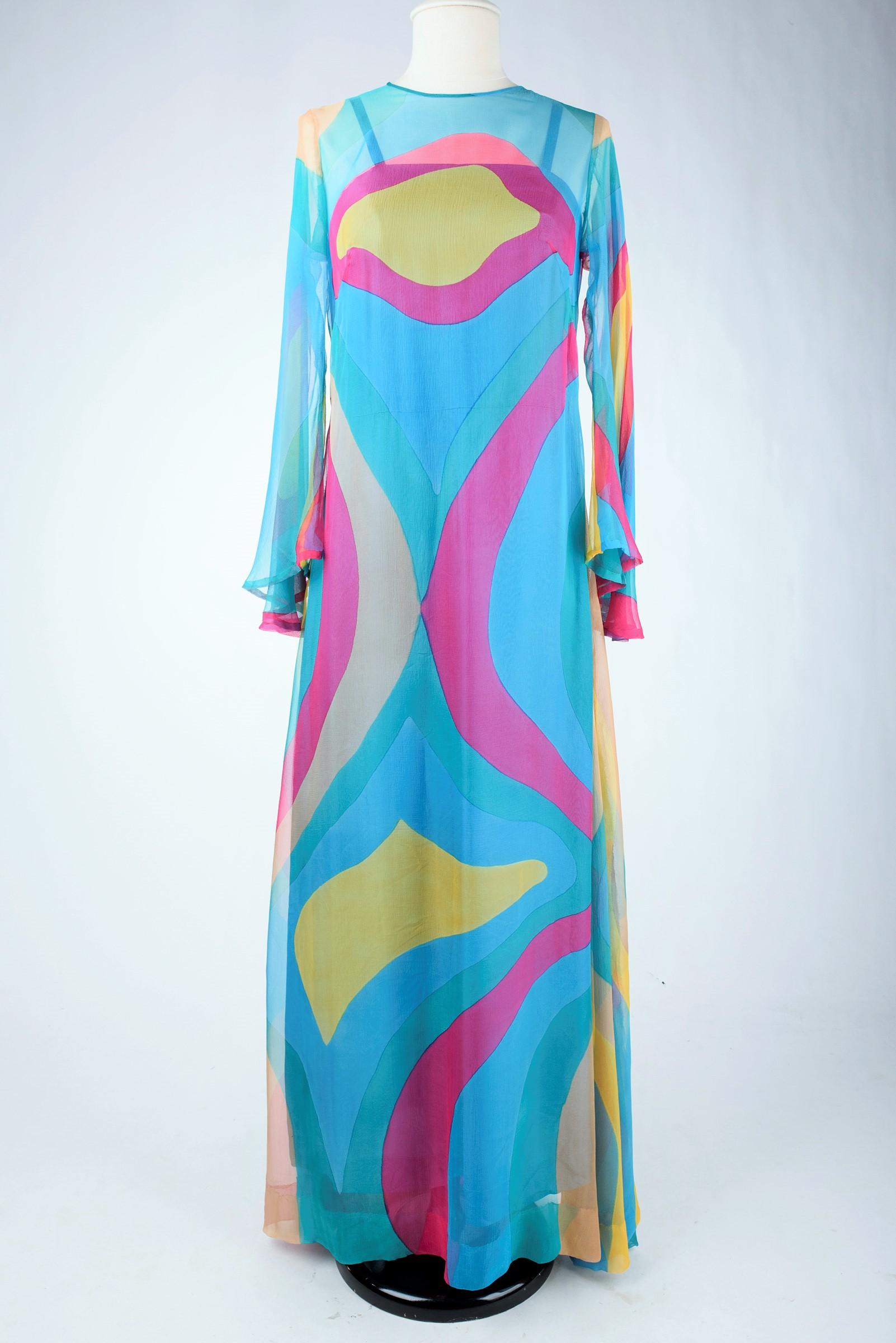 Pop-Art bedrucktes Chiffon-Memory-Kleid - Frankreich um 1975 im Angebot 1