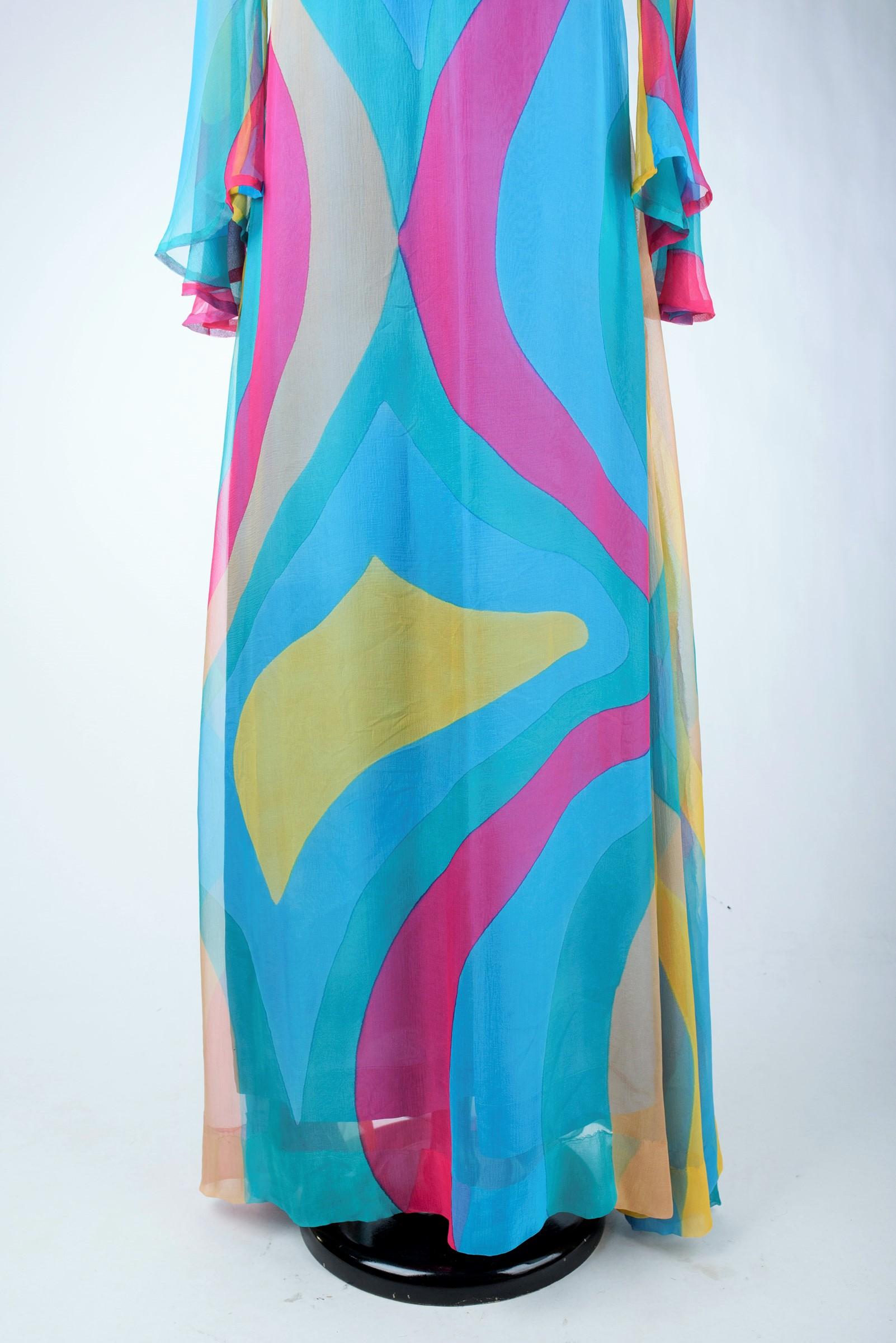 Pop-Art bedrucktes Chiffon-Memory-Kleid - Frankreich um 1975 im Angebot 2