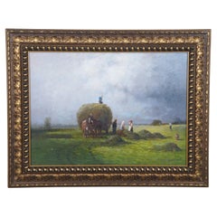 A. Popov, peinture russe d'un paysage de moisson, huile sur toile encadrée 34"