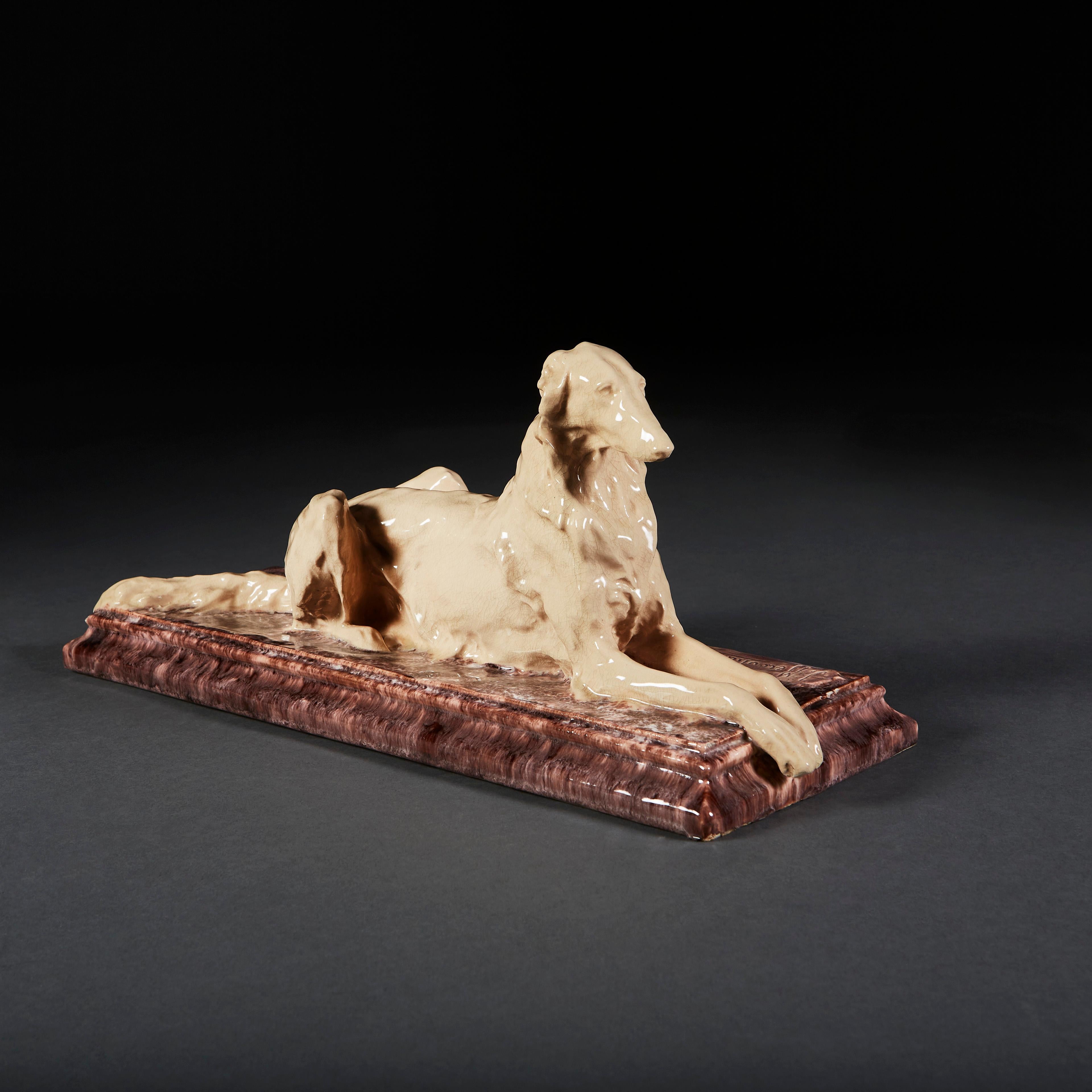 Glazed Porcelain Borzoi Dog Sculpture, Signed J Merculiano, 1911