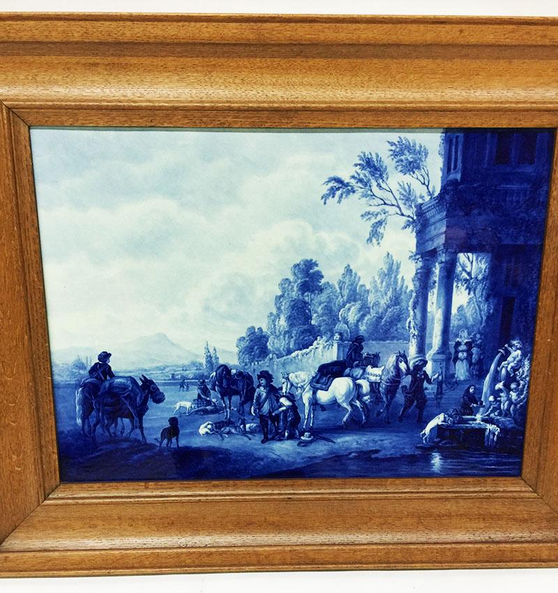 Une plaque de Porceleyne Fles, delft, peinte d'après un tableau de Philips Wouwerman

Plaque de Porceleyne Fles, delft, peinte d'après un tableau du 17e siècle du Hollandais Philips Wouwerman. (Retour de la chasse)
La plaque du delft Porceleyne