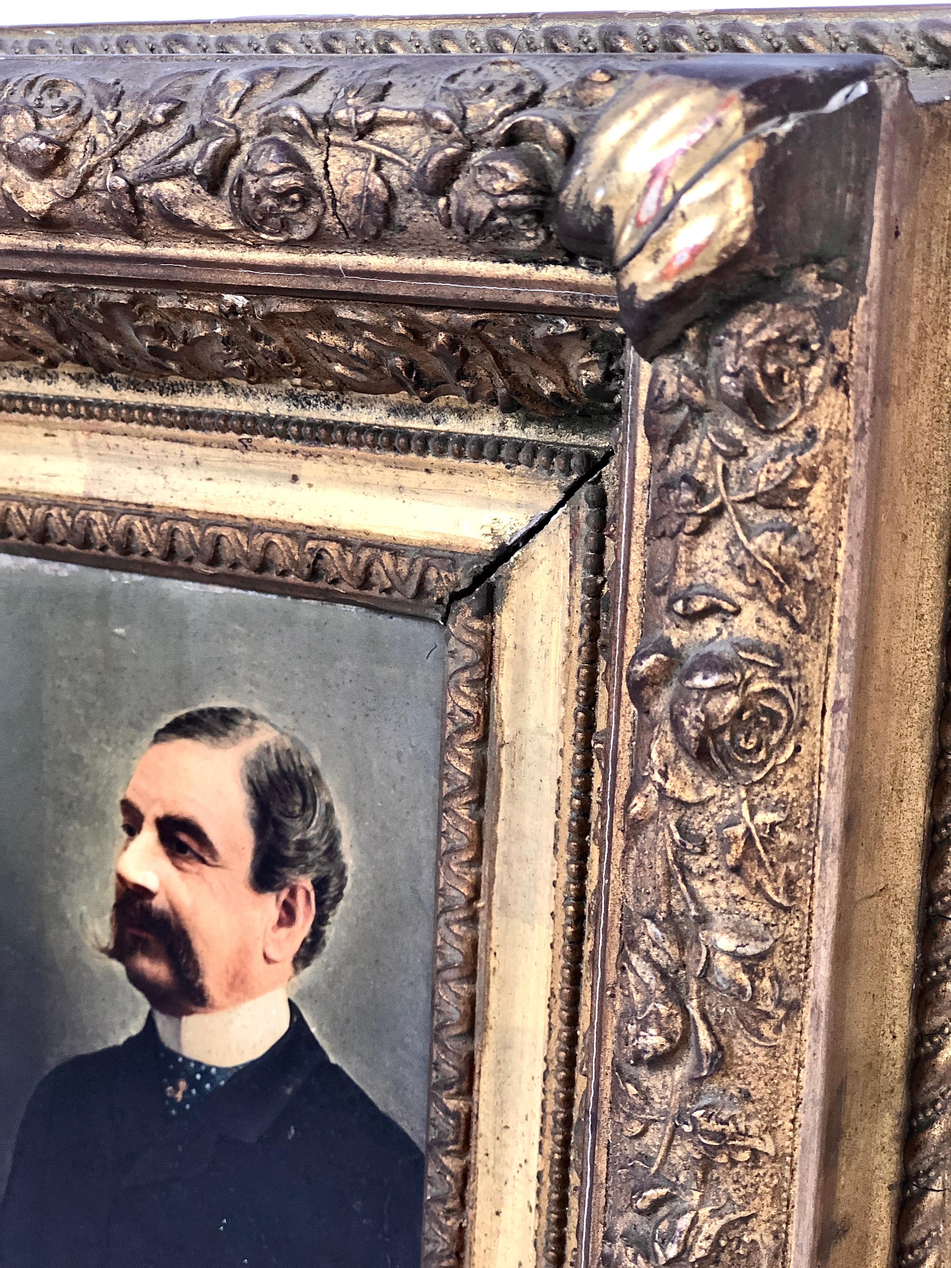 A nice portrait in a gilded wooden frame, from the 19th century. Bought in a castle in the south of France.

Quite often nowadays, the lords and ladies have to sell some of their furniture to finance the castle's restorations. In that case, this