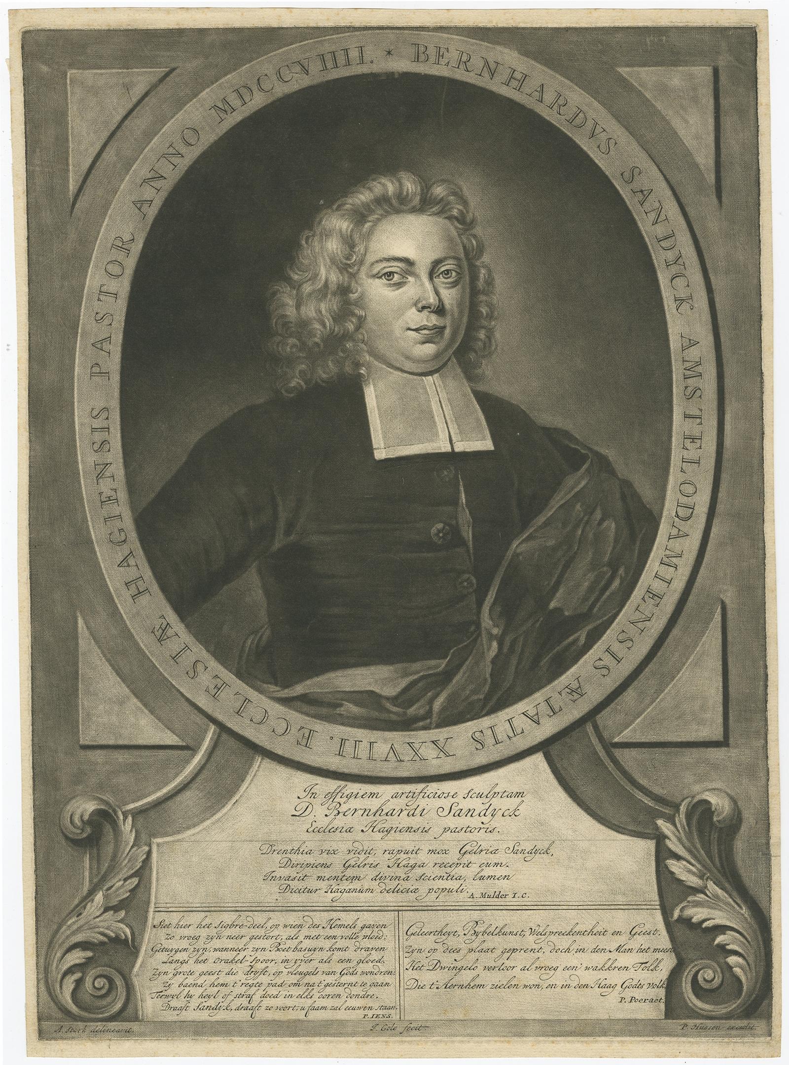 Antique print, titled: 'Bernhardus Sandyck Amstelodamiensis (…)' 

This plate shows a portrait of Bernhard Sandyck (1680 - 1727), a Dutch protestant minister from Amsterdam.

Source unknown, to be determined.

Artists and Engravers: Made by