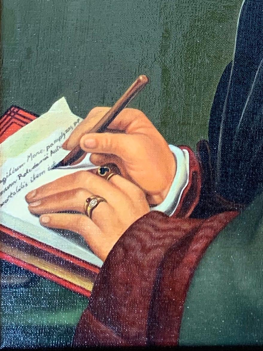 Portrait de Desiderius Erasmus par Henk de Laat junior, portraitiste de grand talent ('s-Hertogenbosch 1932 - 1985), inspiré par Holbein et son célèbre portrait. Erasme a vécu trois ans à 's-Hertogenbosch, visitant l'école latine.
Signé : H. de Laat