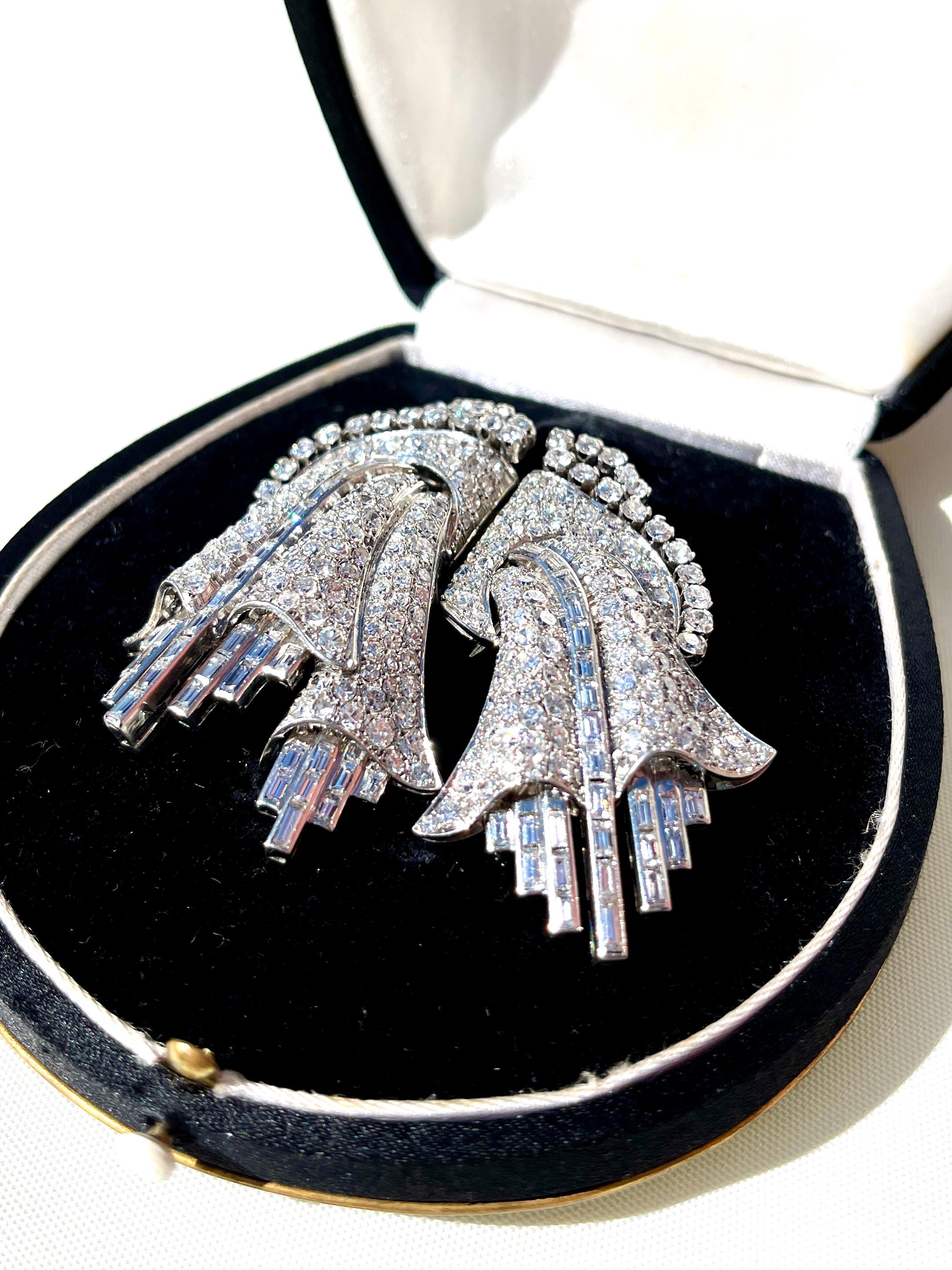 Art Deco Floral Diamonds Platinum 15 Carats European Double Clip or Brooch For Sale 4