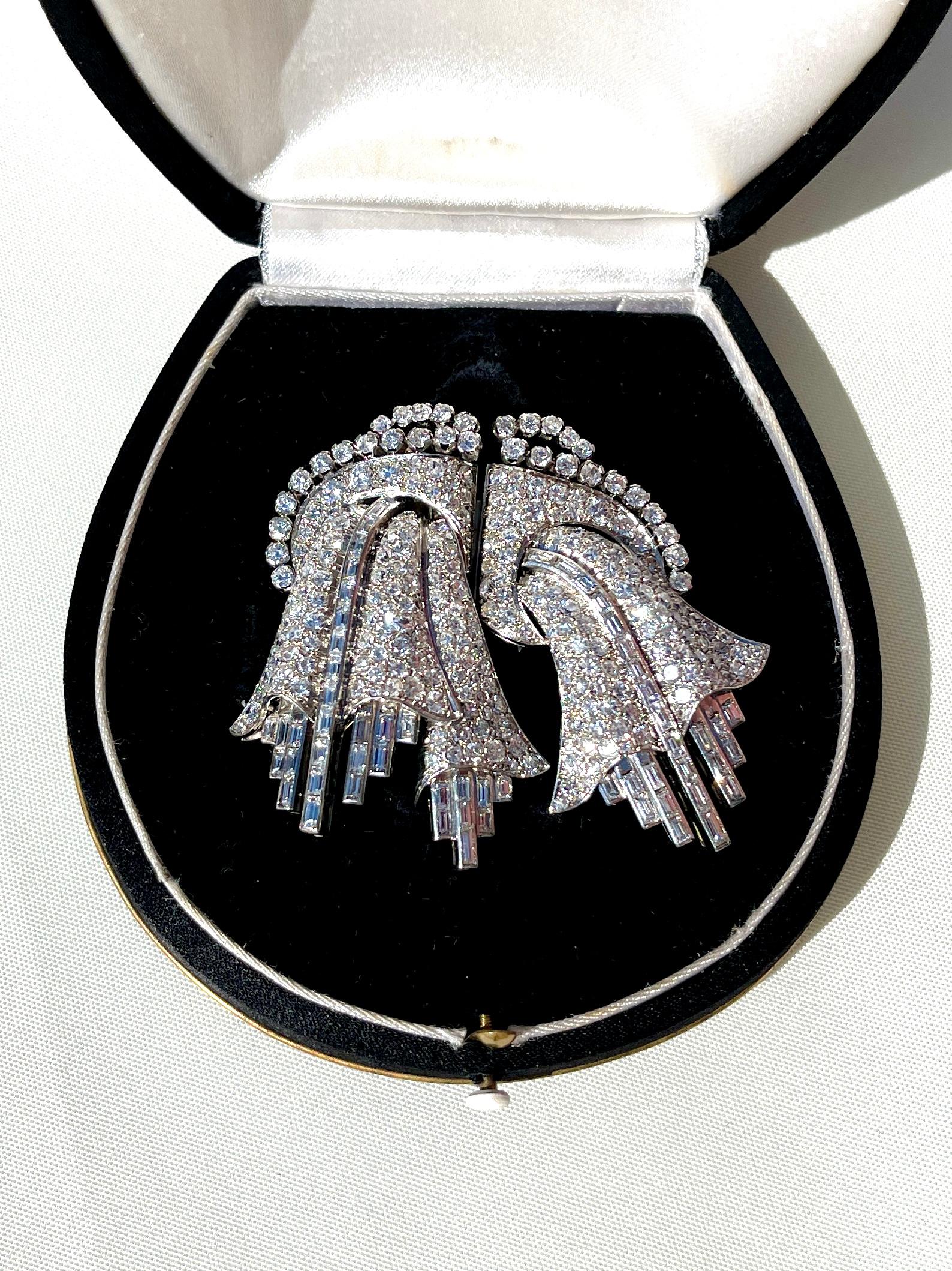 Art Deco Floral Diamonds Platinum 15 Carats European Double Clip or Brooch For Sale 5