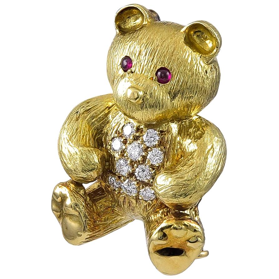 Posh Teddy Bear Brooch with Diamond Set Chest For Sale