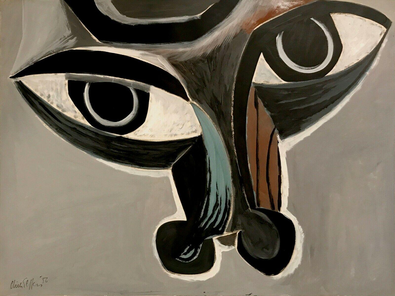 Une grande et puissante peinture figurative représentant un taureau par Dick Effers (1910-1991), datée de 1956, Pays-Bas. Cette gouache sur papier marouflé sur toile est un portrait de taureau rappelant les tauromachies de Picasso. Ses lignes