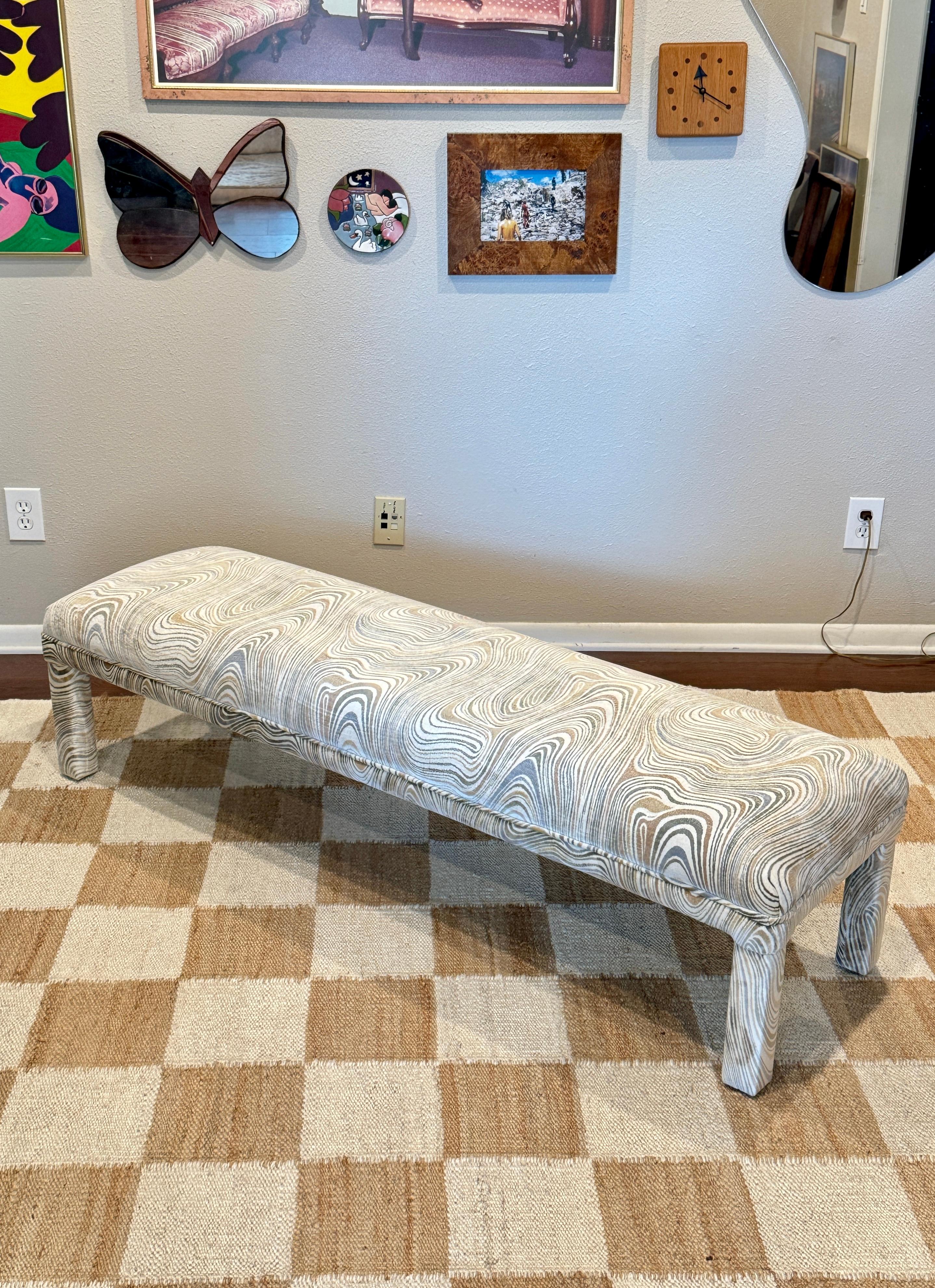 A post modern parsons style bench, circa 1970s. Recently reupholstered in velvet For Sale 6