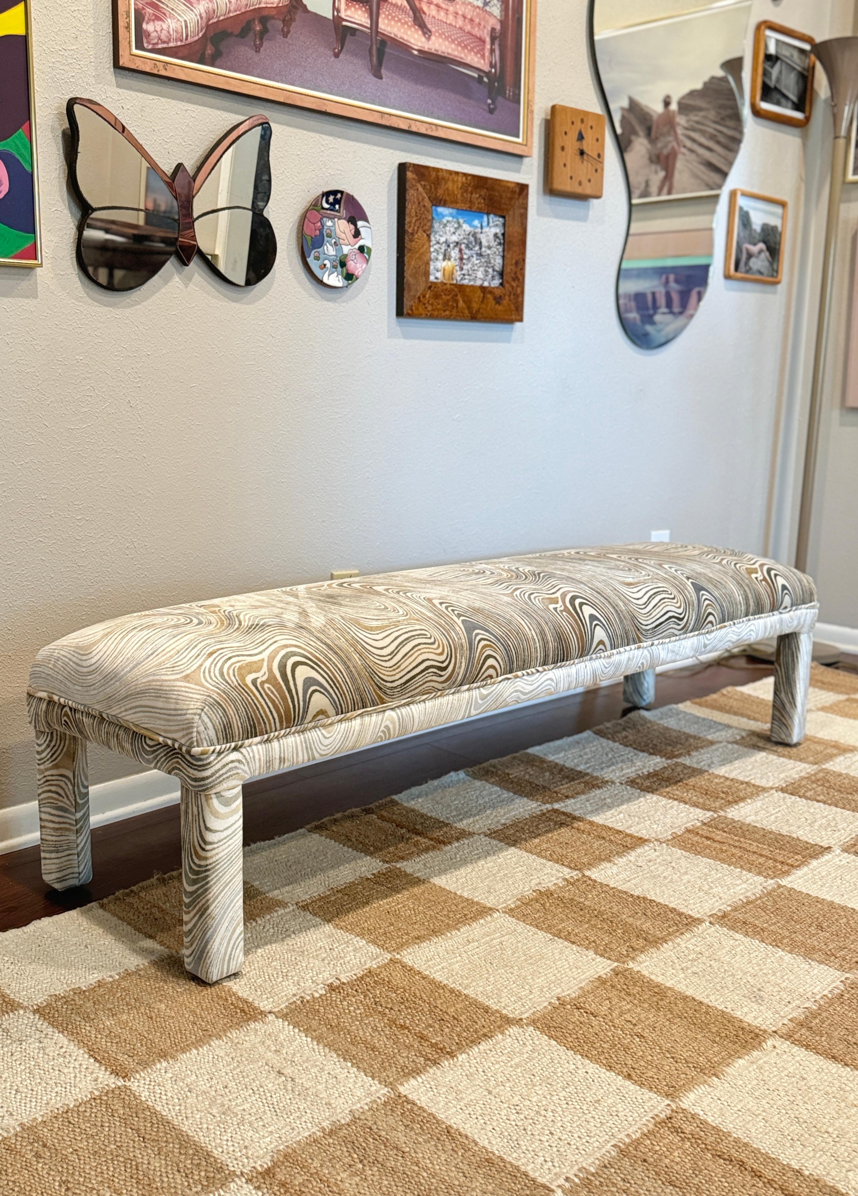 A post modern parsons style bench, circa 1970s. Recently reupholstered in velvet For Sale 7