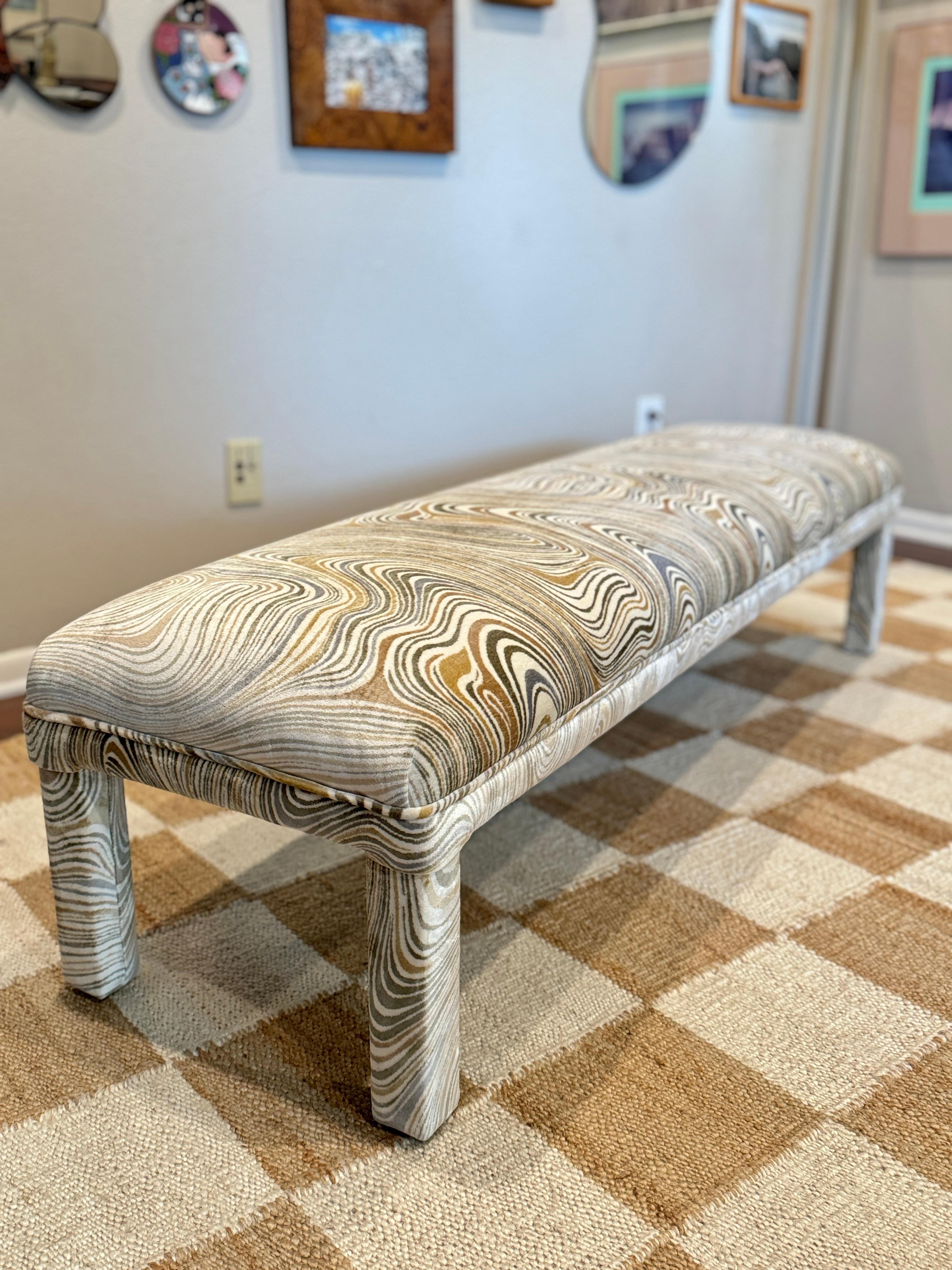 Post-Modern A post modern parsons style bench, circa 1970s. Recently reupholstered in velvet For Sale