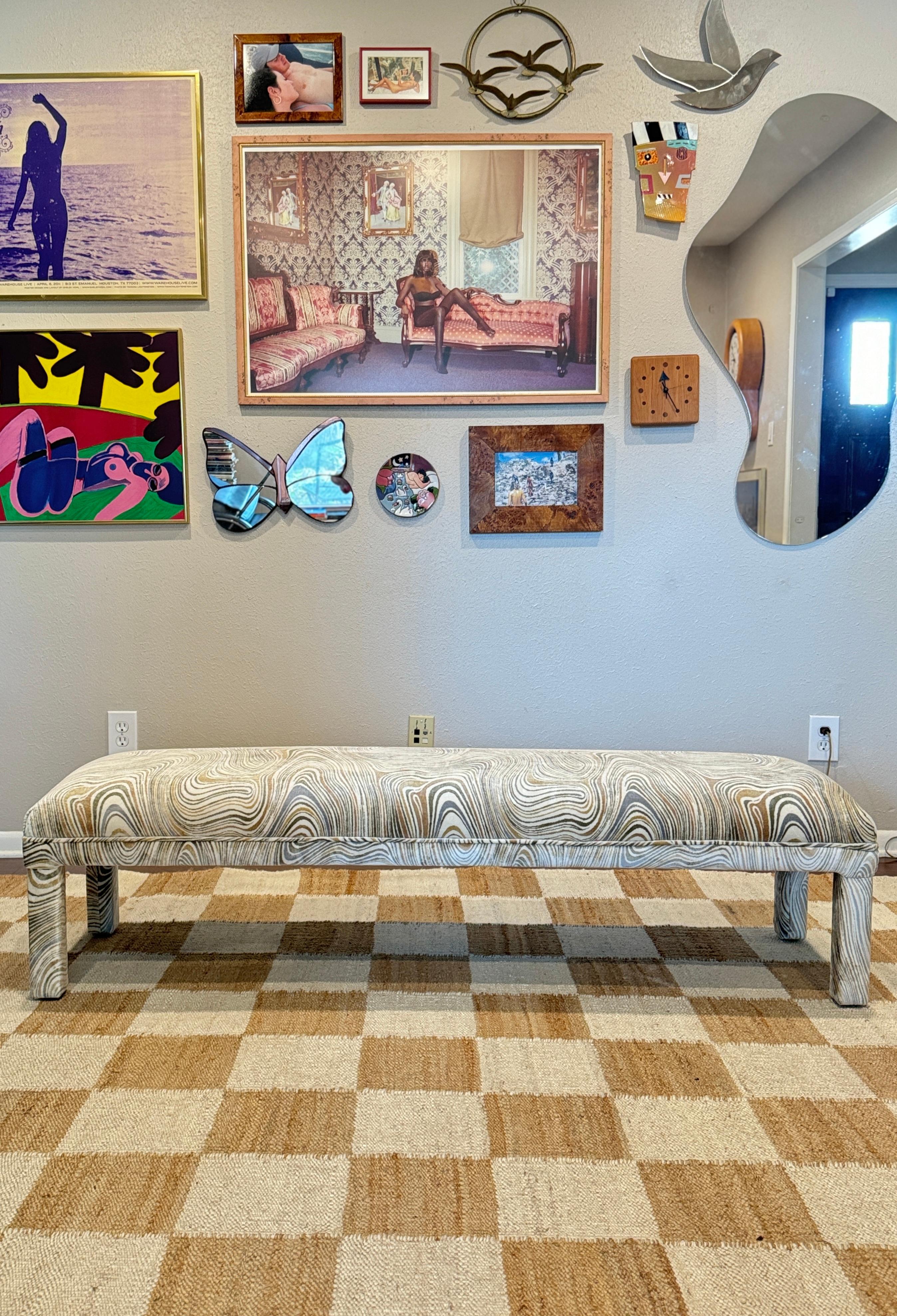 Unknown A post modern parsons style bench, circa 1970s. Recently reupholstered in velvet For Sale