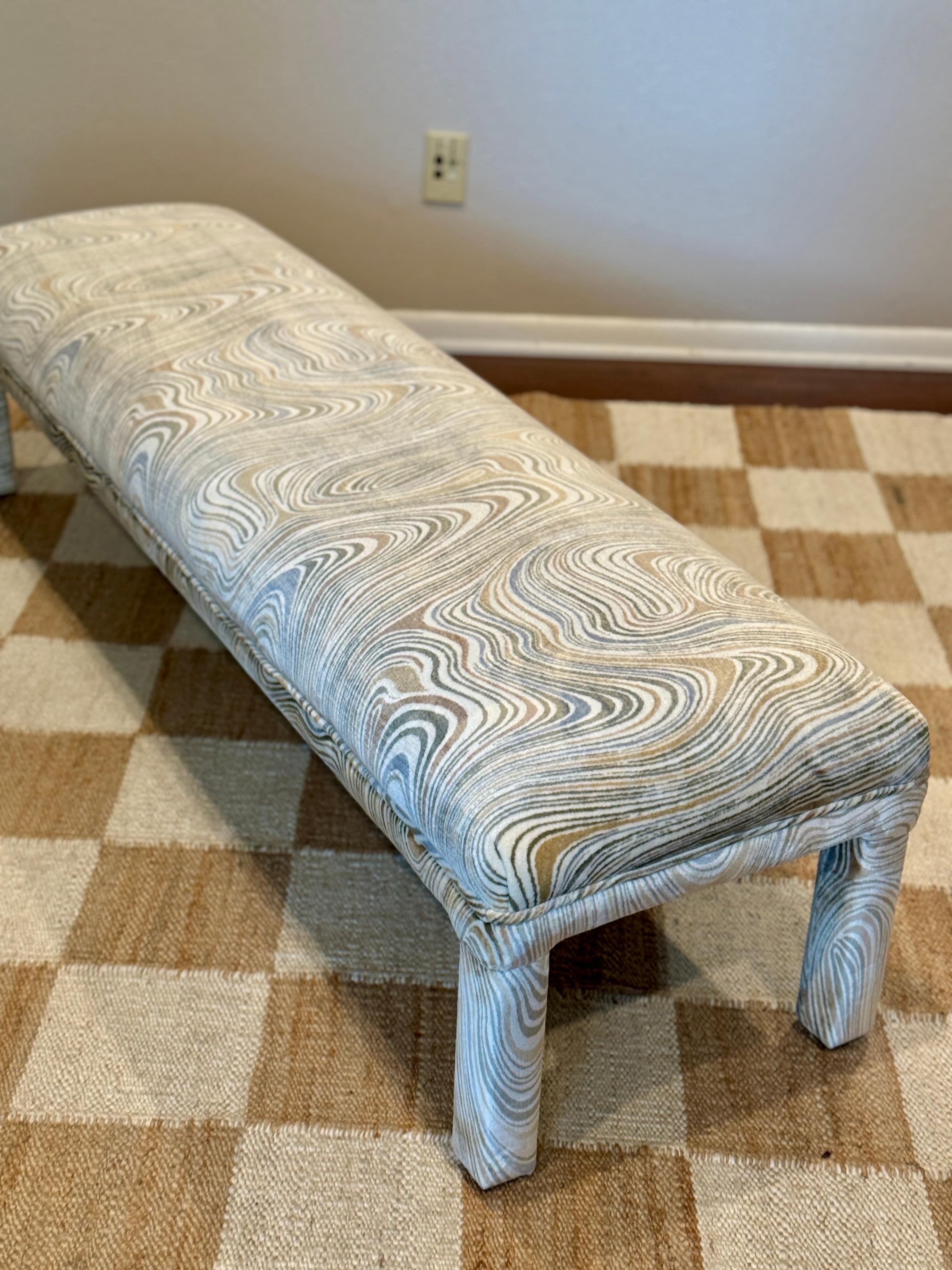 A post modern parsons style bench, circa 1970s. Recently reupholstered in velvet In Good Condition For Sale In Houston, TX