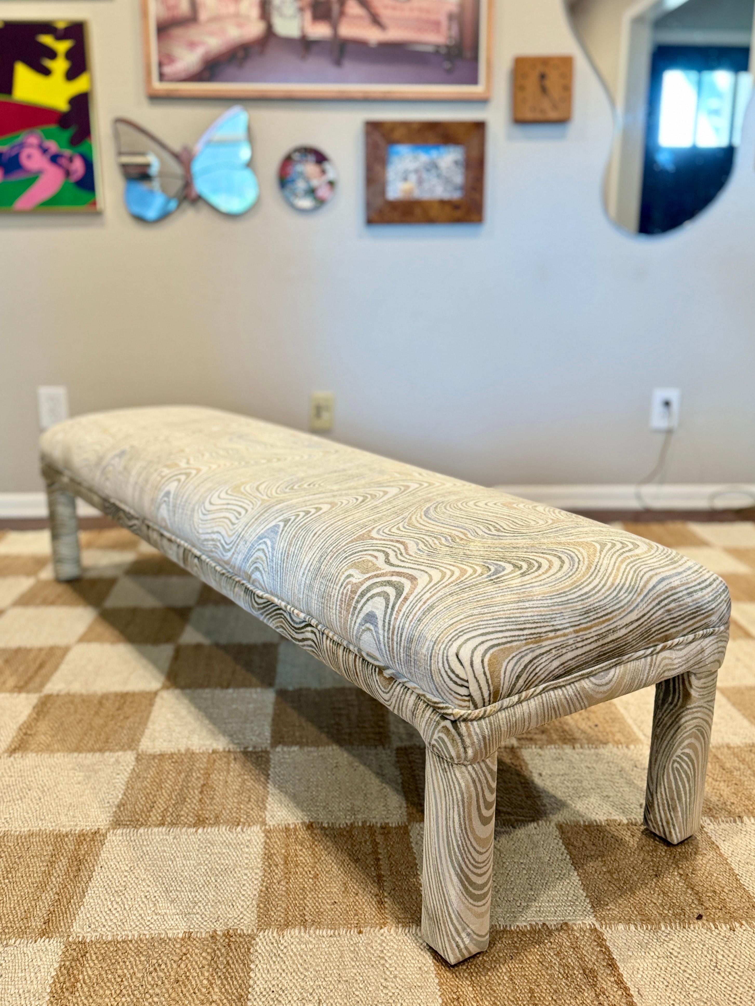 Late 20th Century A post modern parsons style bench, circa 1970s. Recently reupholstered in velvet For Sale