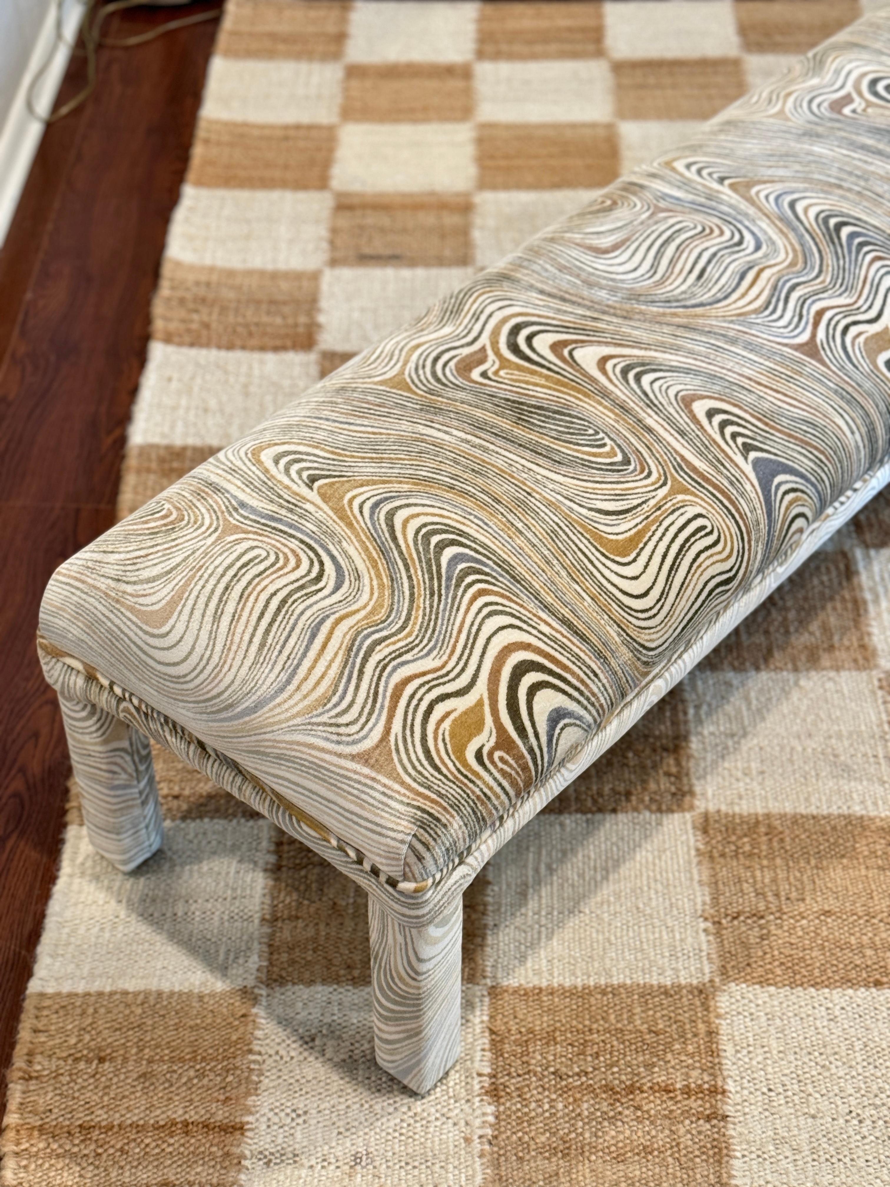 A post modern parsons style bench, circa 1970s. Recently reupholstered in velvet For Sale 1