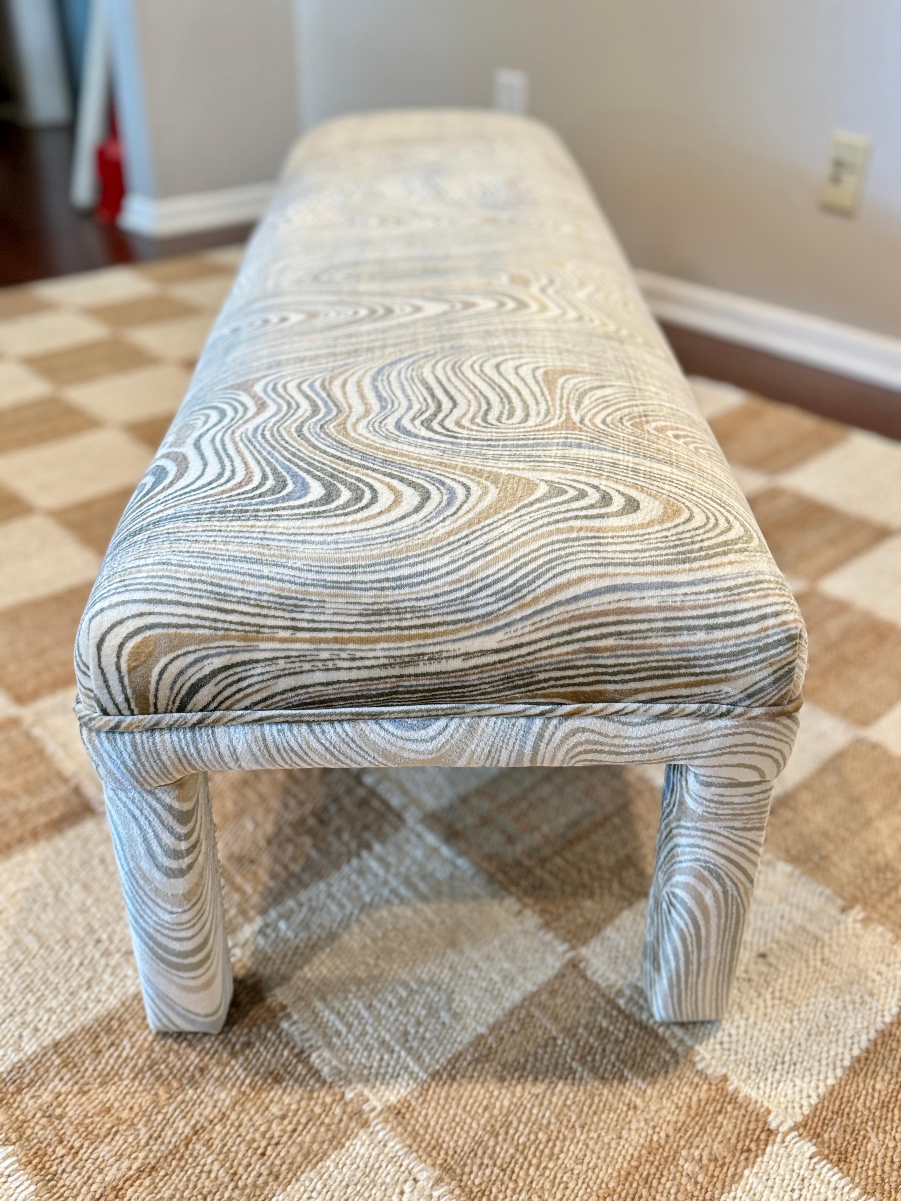 A post modern parsons style bench, circa 1970s. Recently reupholstered in velvet For Sale 2