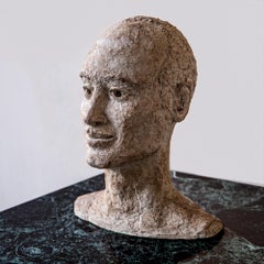 A post war textured stoneware sculpture bust, signed - British School