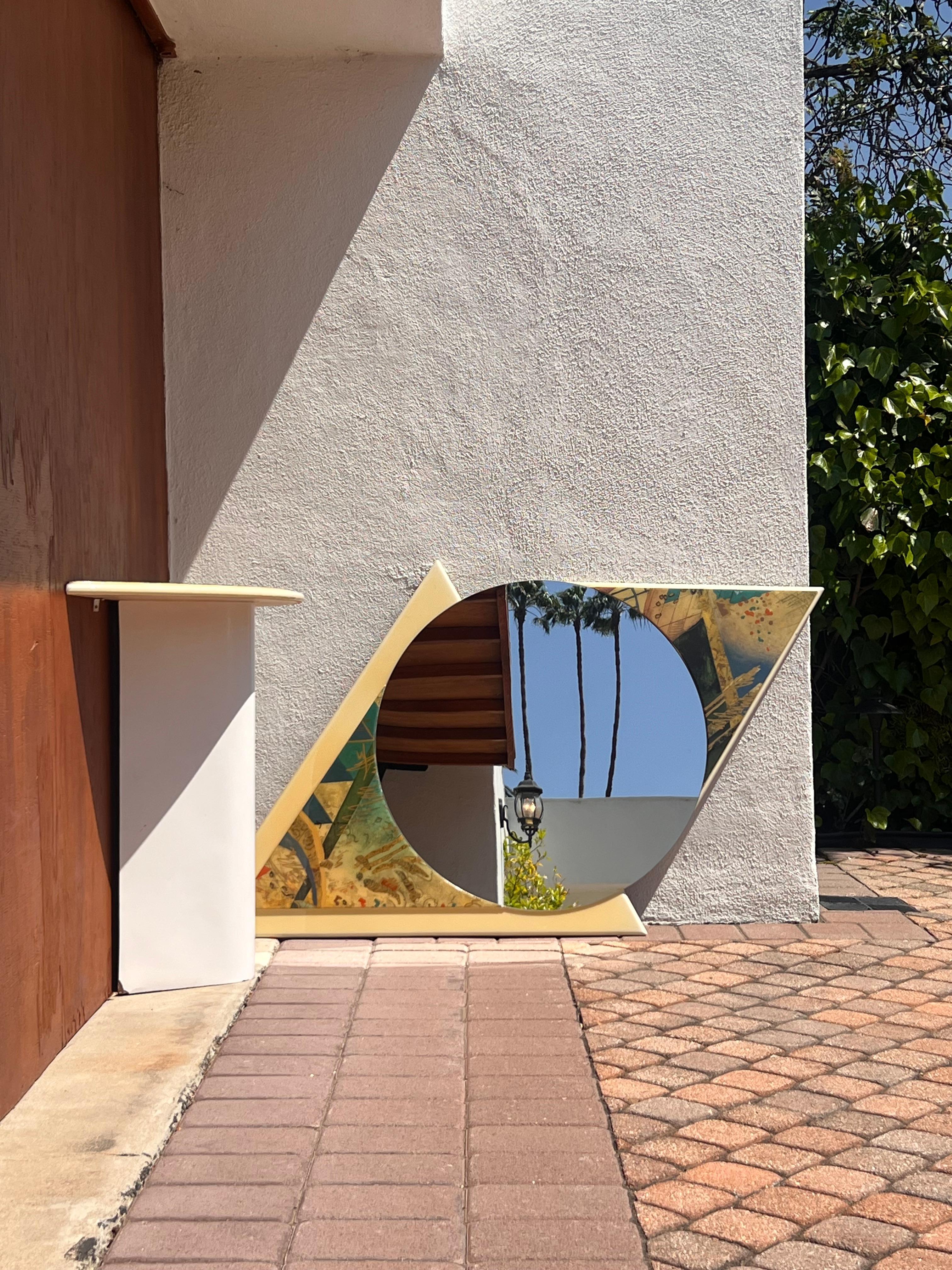 Wood A postmodern matching console vanity and mirror, circa 1980 For Sale