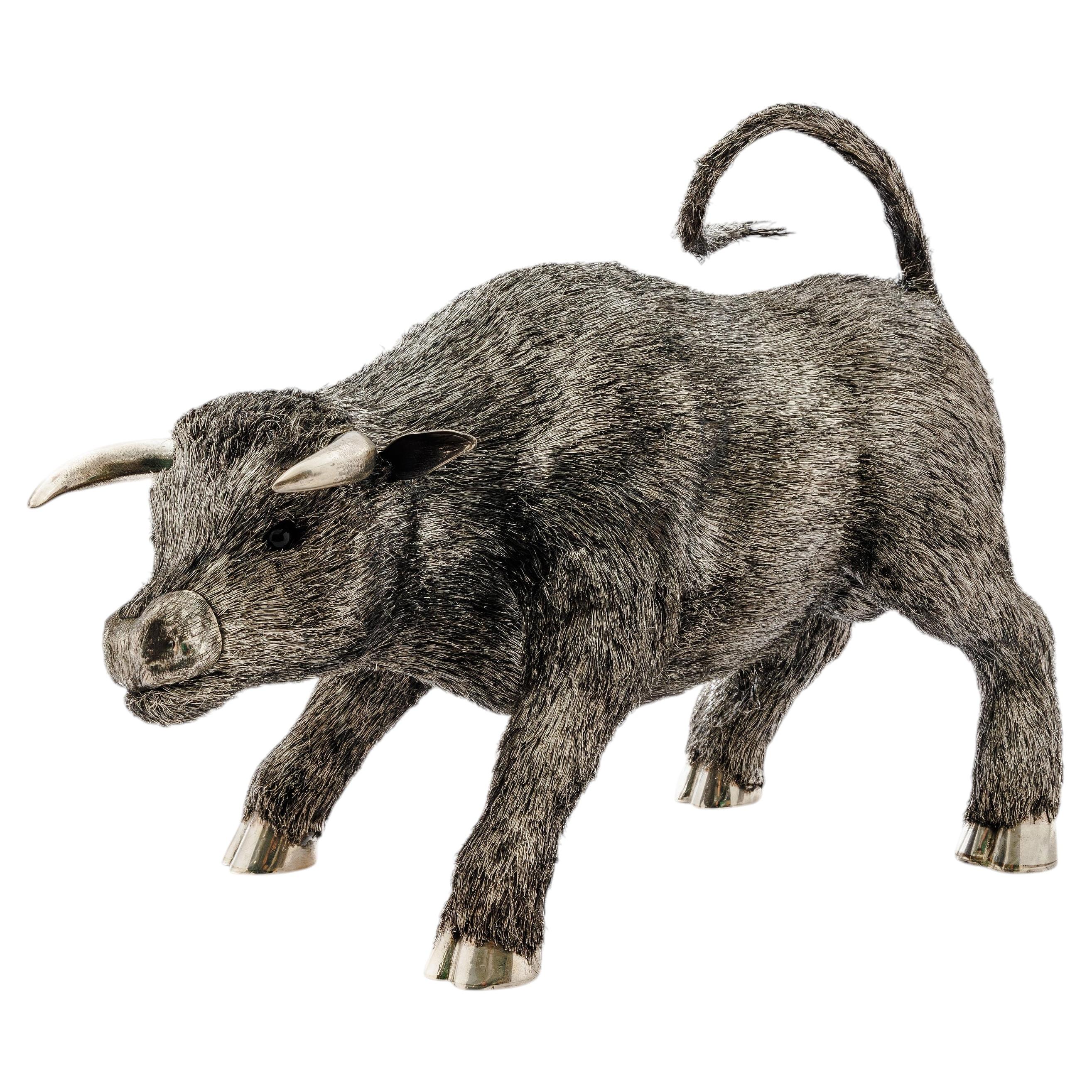 A Powerful Buccellati Sterling Silver Furry Model of a Bull For Sale