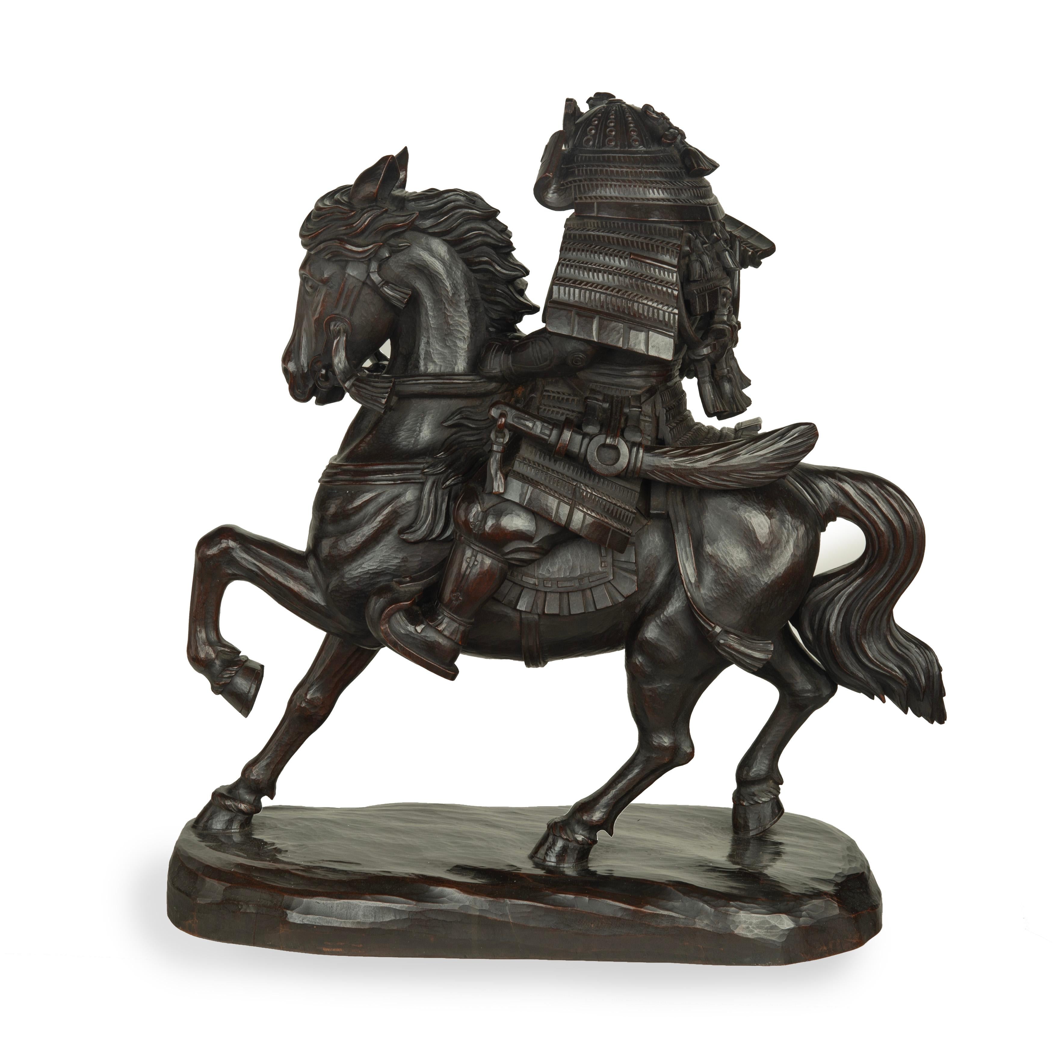 Early 20th Century A powerful Japanese equestrian wood carving of a samurai by Yoshida Issen/Isshun For Sale