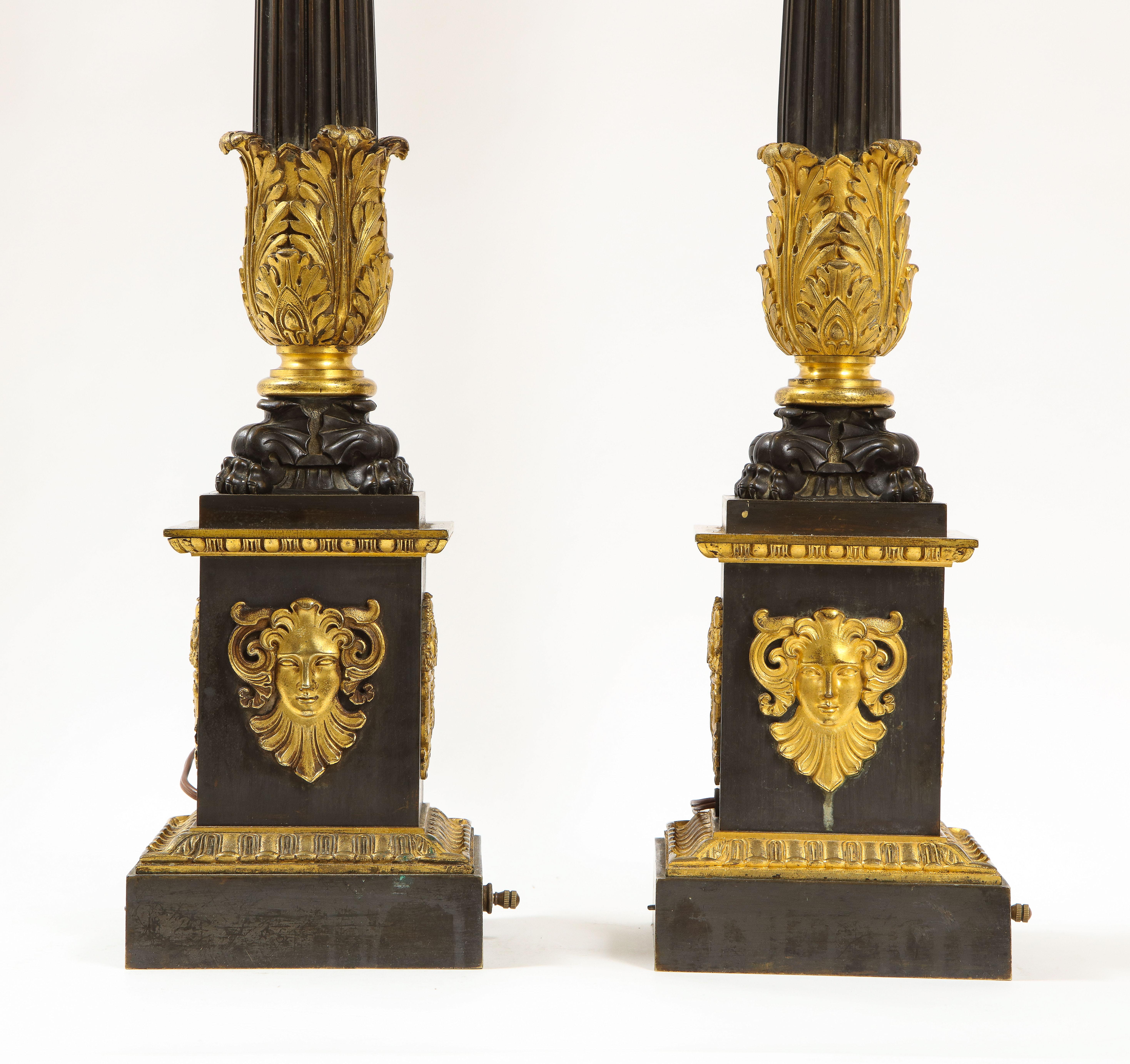 Pr. French Empire Period Patinated & Dore Bronze Candlesticks Turned to Lamps For Sale 6