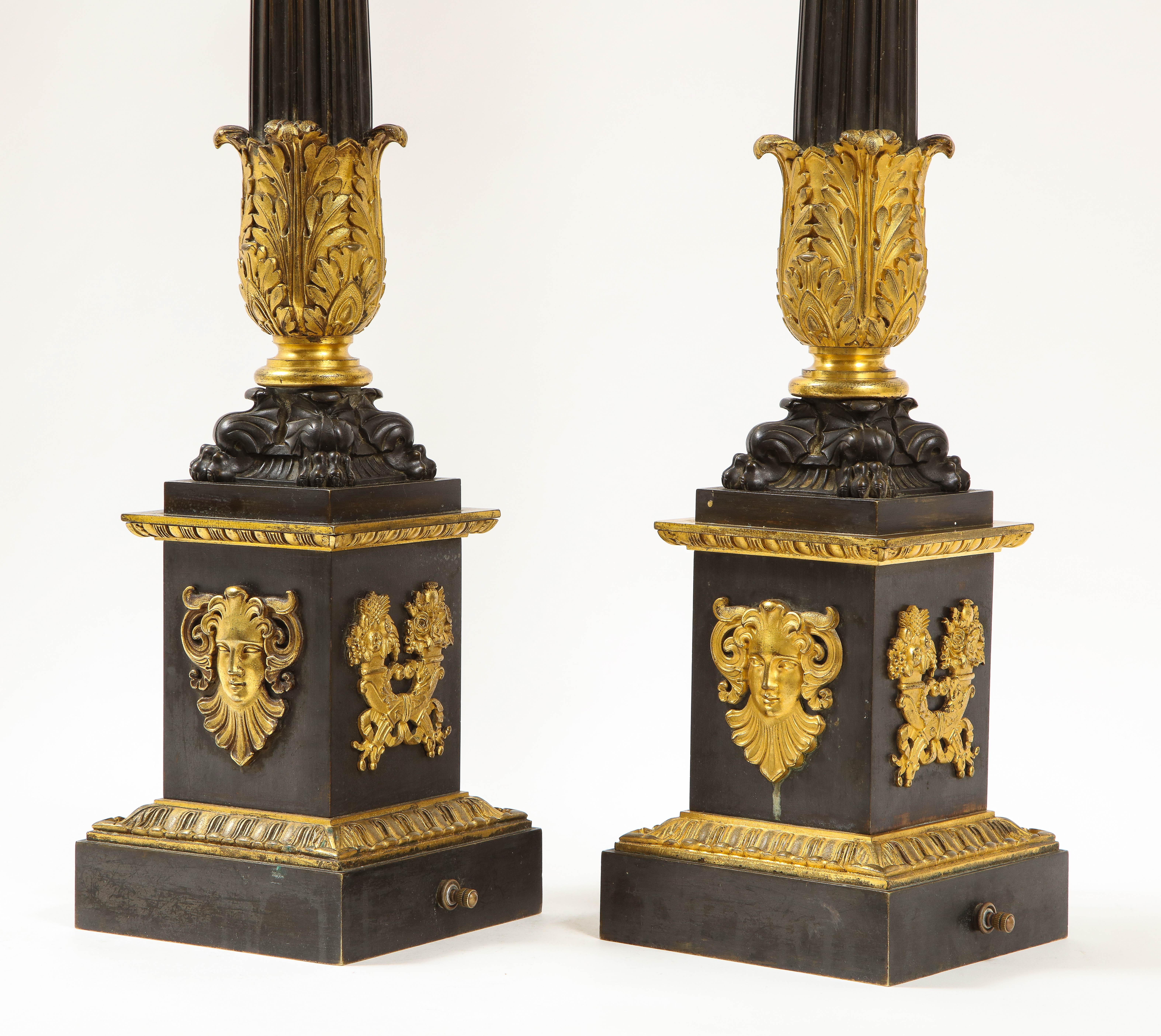 Pr. French Empire Period Patinated & Dore Bronze Candlesticks Turned to Lamps For Sale 7