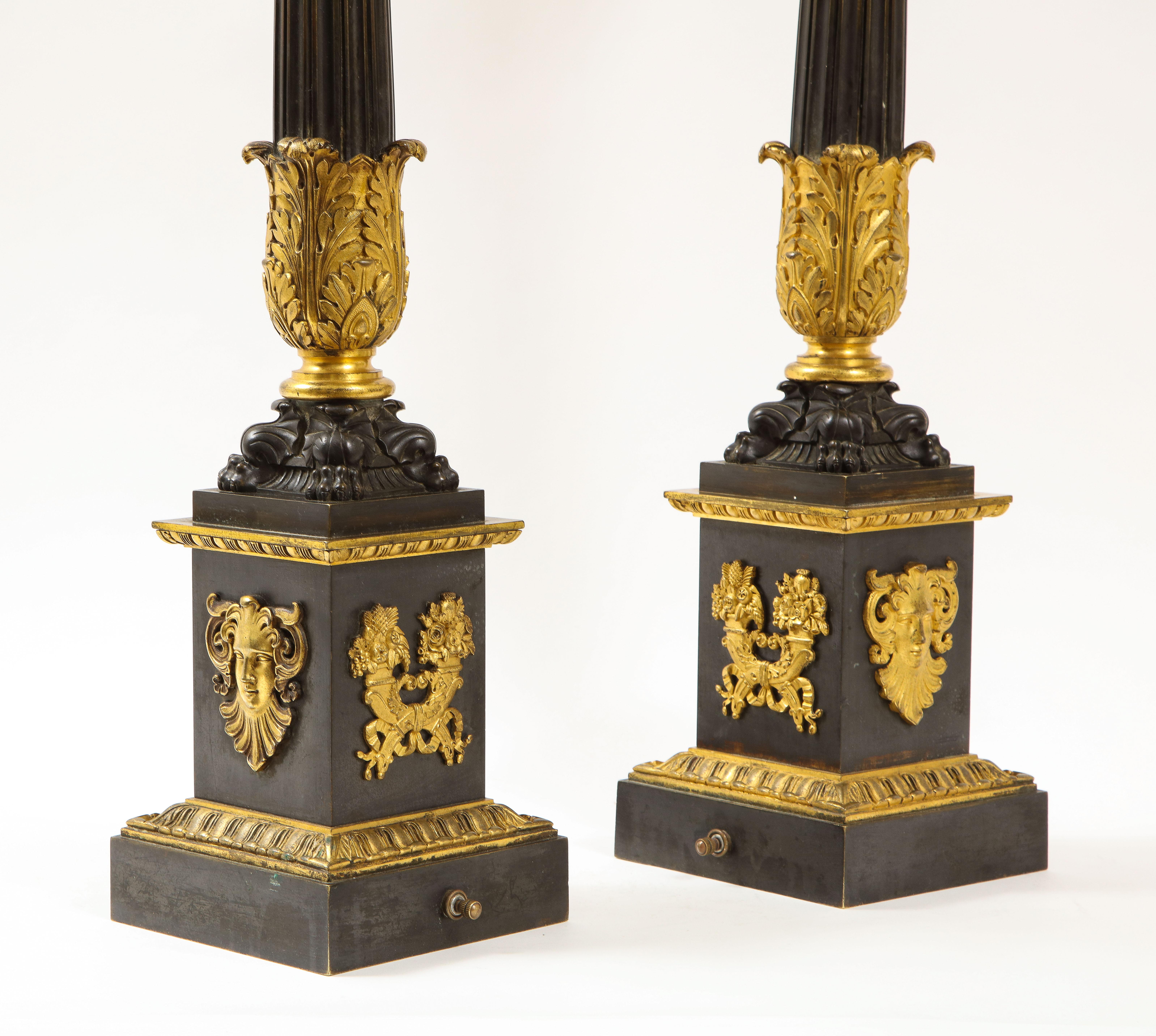 Pr. French Empire Period Patinated & Dore Bronze Candlesticks Turned to Lamps For Sale 8