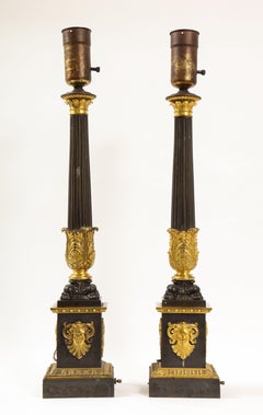 Pr. French Empire Period Patinated & Dore Bronze Candlesticks Turned to Lamps