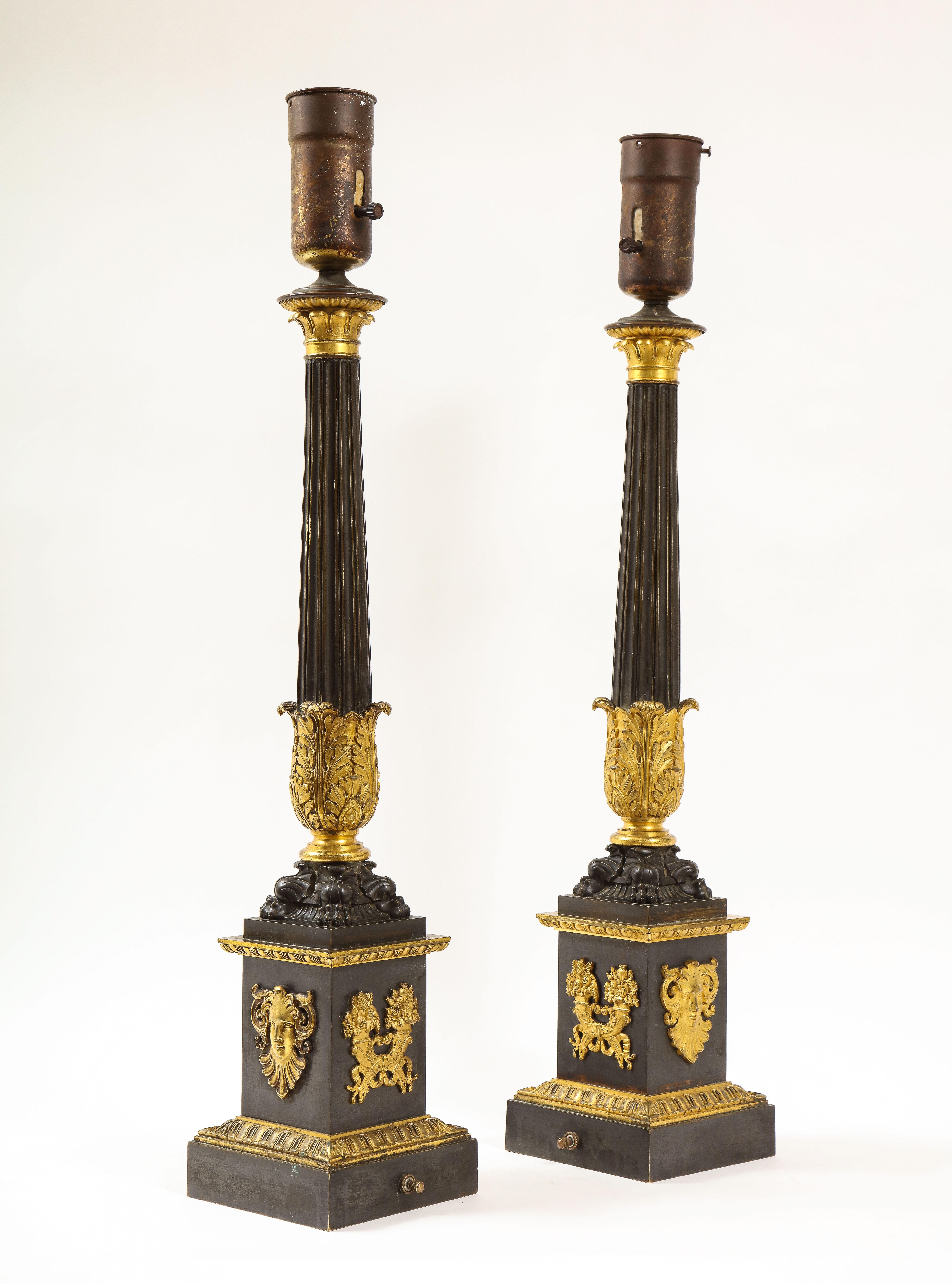 Gilt Pr. French Empire Period Patinated & Dore Bronze Candlesticks Turned to Lamps For Sale
