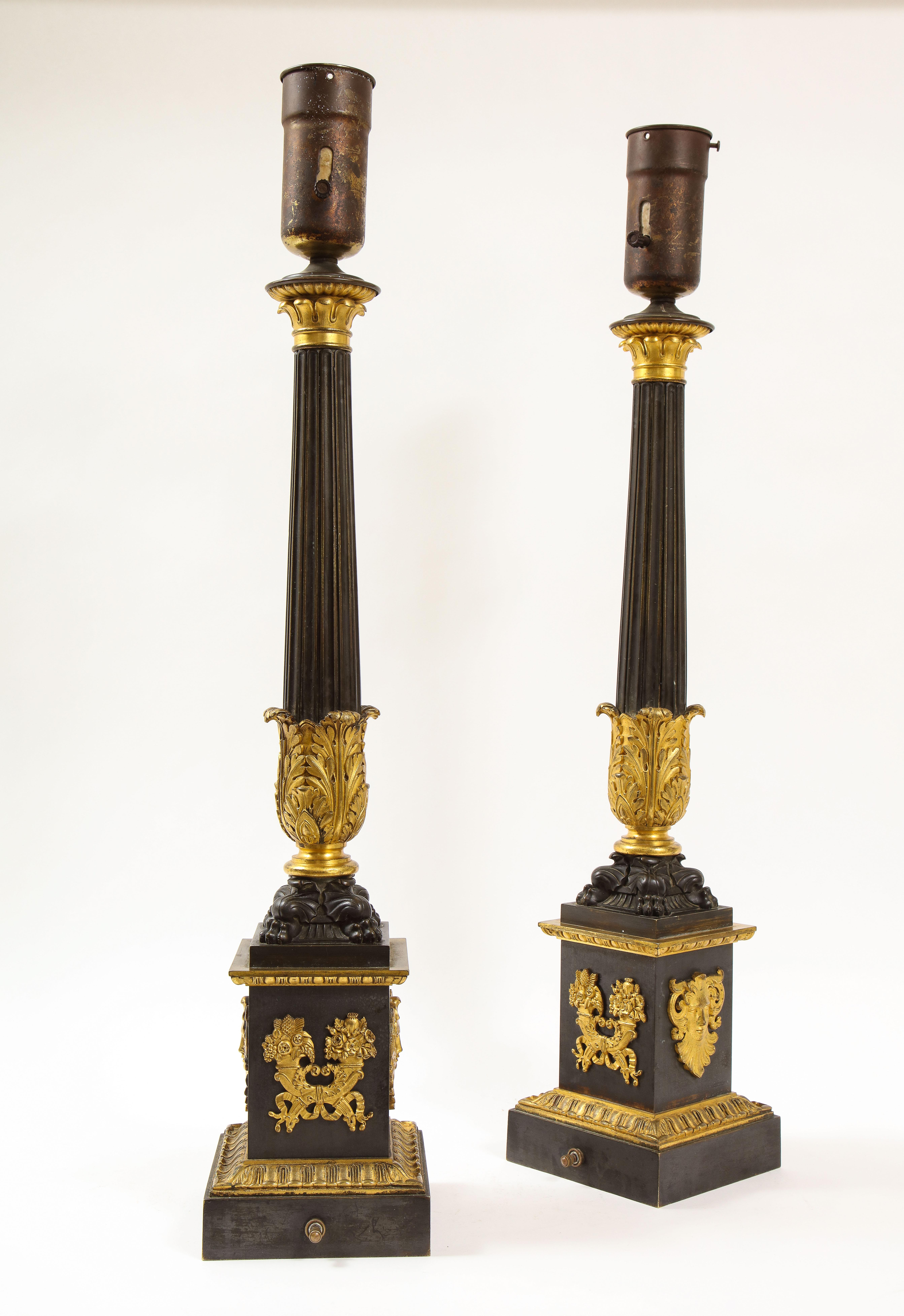 Pr. French Empire Period Patinated & Dore Bronze Candlesticks Turned to Lamps In Good Condition For Sale In New York, NY