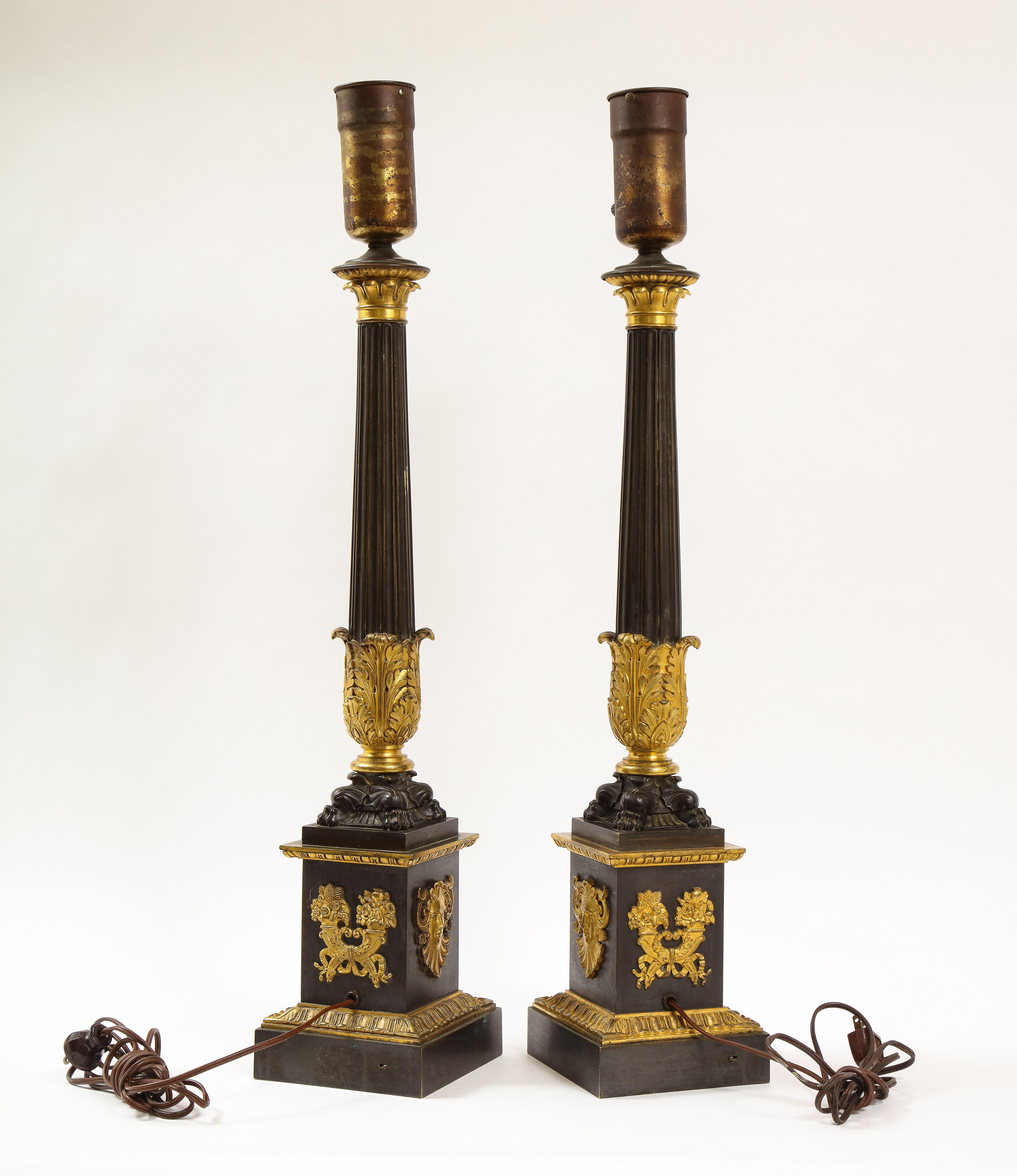 19th Century Pr. French Empire Period Patinated & Dore Bronze Candlesticks Turned to Lamps For Sale