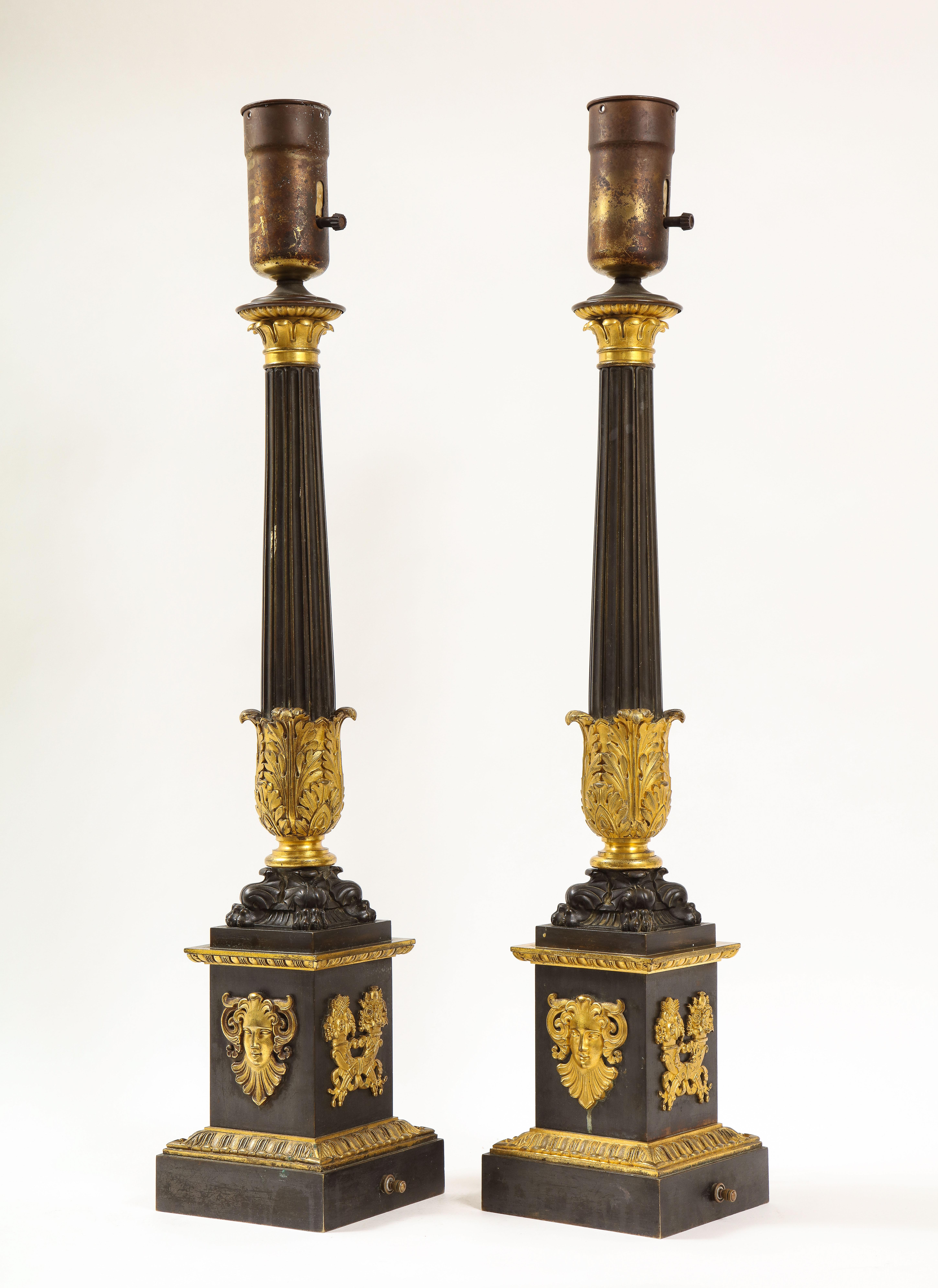 Pr. French Empire Period Patinated & Dore Bronze Candlesticks Turned to Lamps For Sale 1