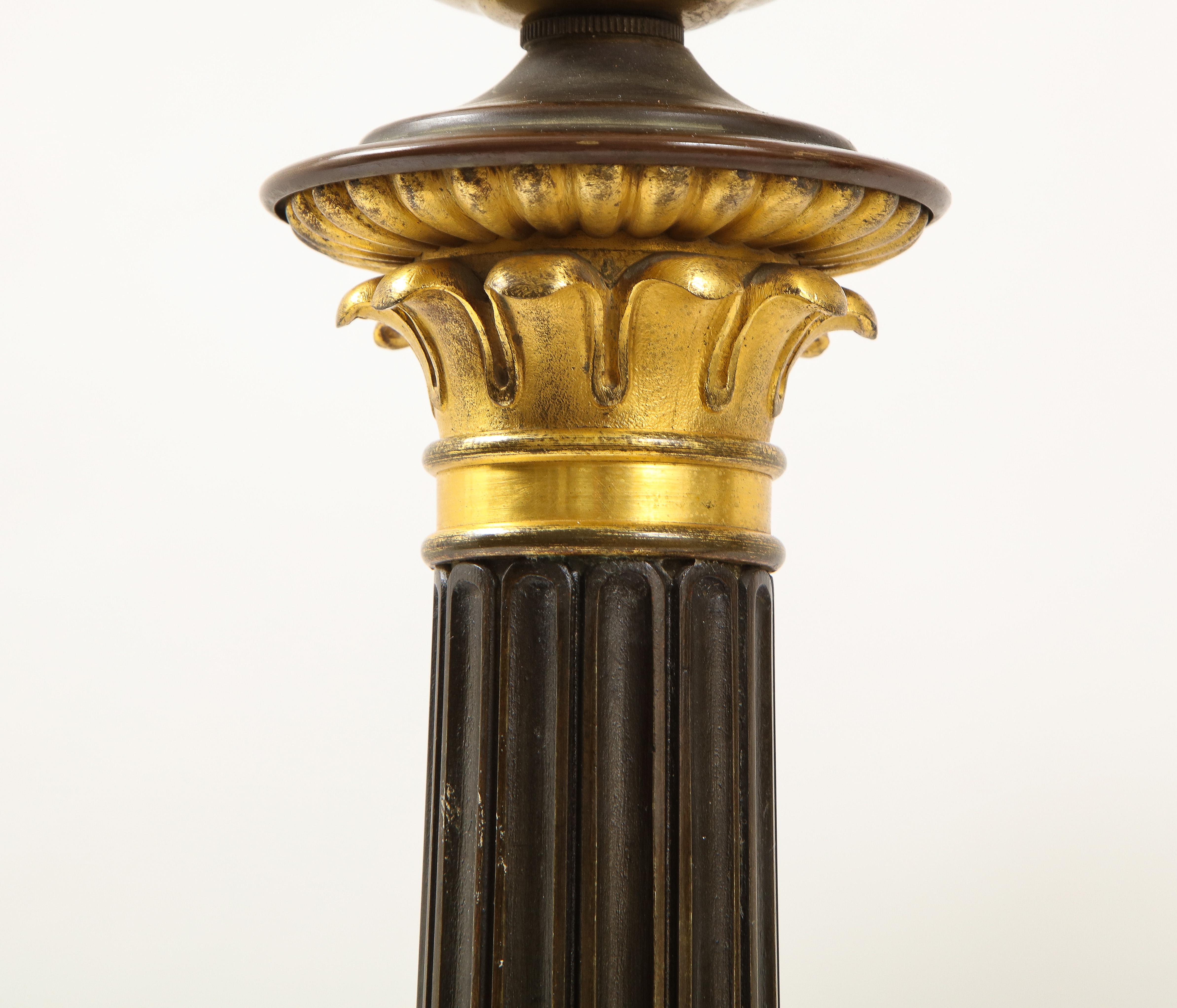 Pr. French Empire Period Patinated & Dore Bronze Candlesticks Turned to Lamps For Sale 2