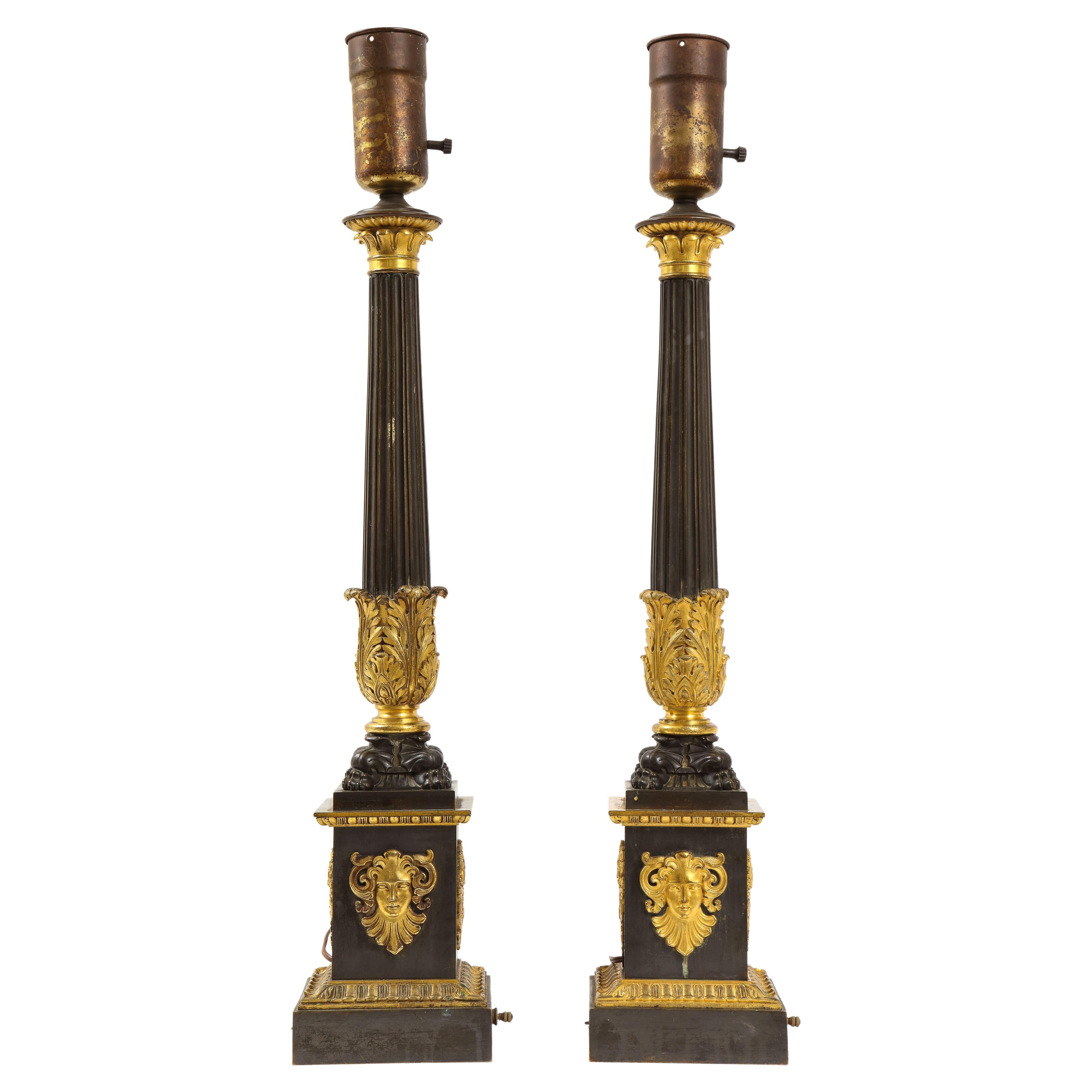 Pr. French Empire Period Patinated & Dore Bronze Candlesticks Turned to Lamps For Sale