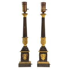 Pr. French Empire Period Patinated & Dore Bronze Candlesticks Turned to Lamps