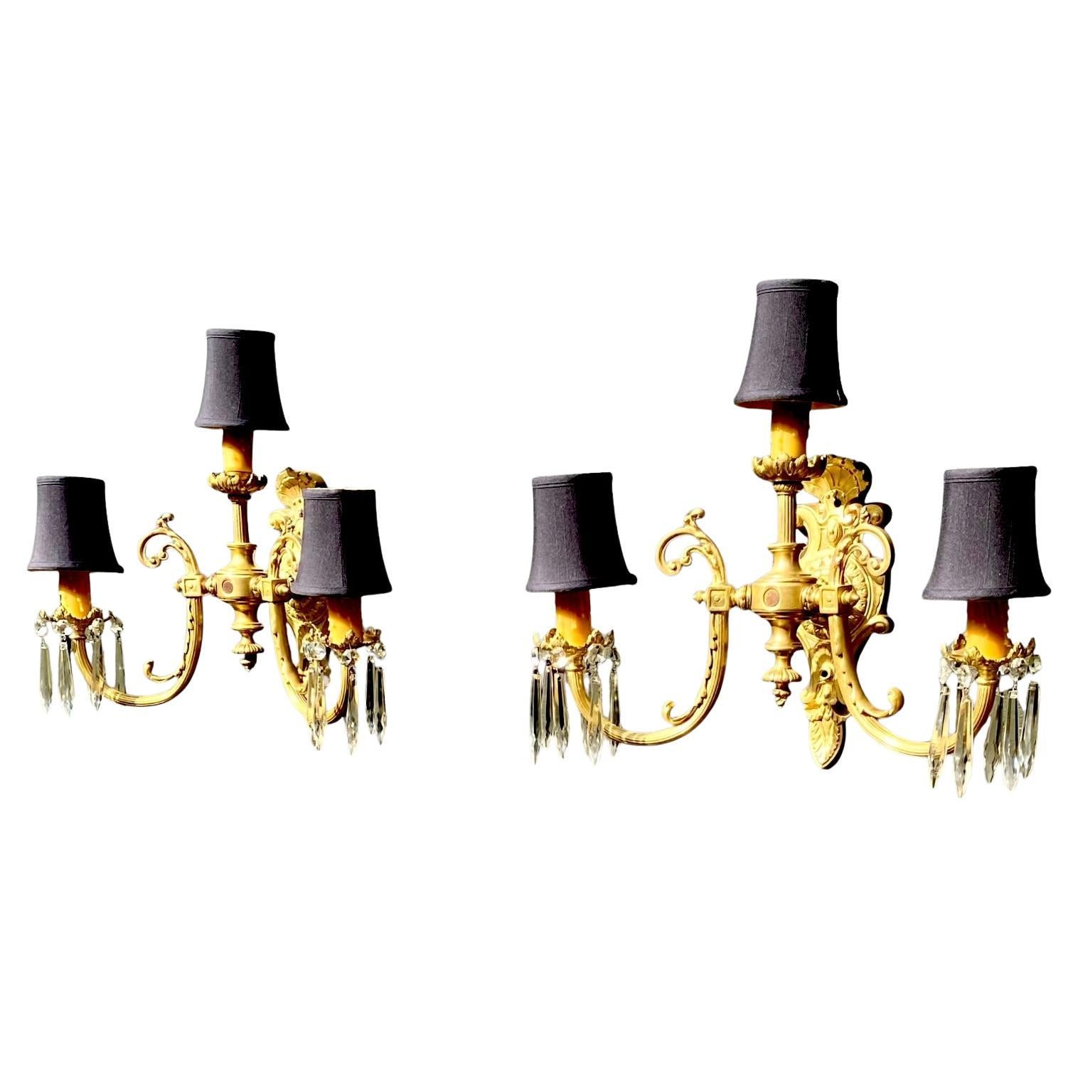 A Pr. Of Antique French Gilt Bronze Belle Epoch Three Light Electrified Sconces