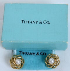 A Pr of Classic Tiffany & Co Signature Pearl and Yellow 14KT Gold Knot Earrings