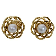 A Pr of Classic Tiffany 
Co Signature Pearl and Yellow 14KT Gold Knot Earrings