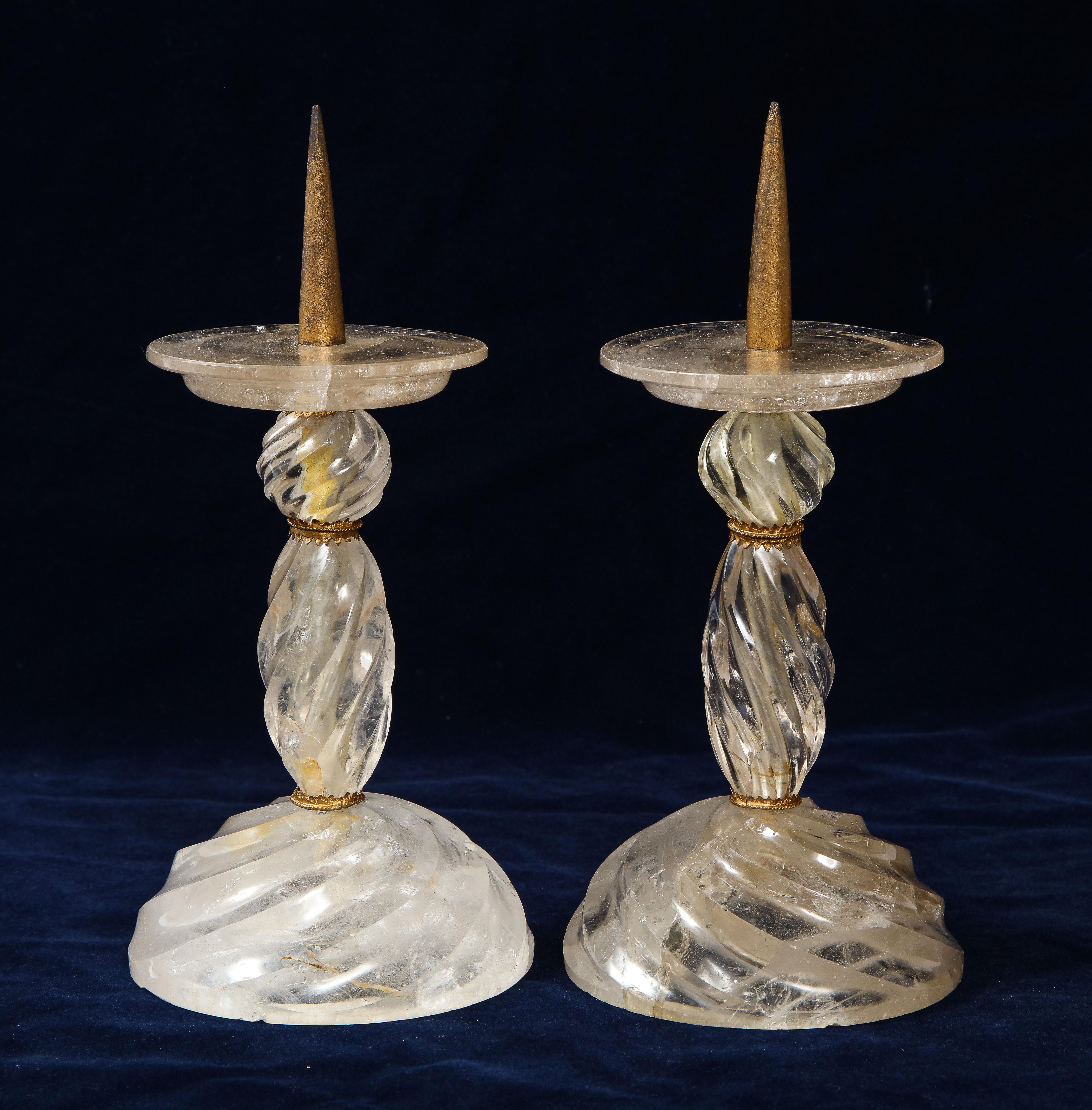 Louis XVI Pair of French Dore Bronze Mounted Rock Crystal Hand Carved Spiked Candlesticks For Sale