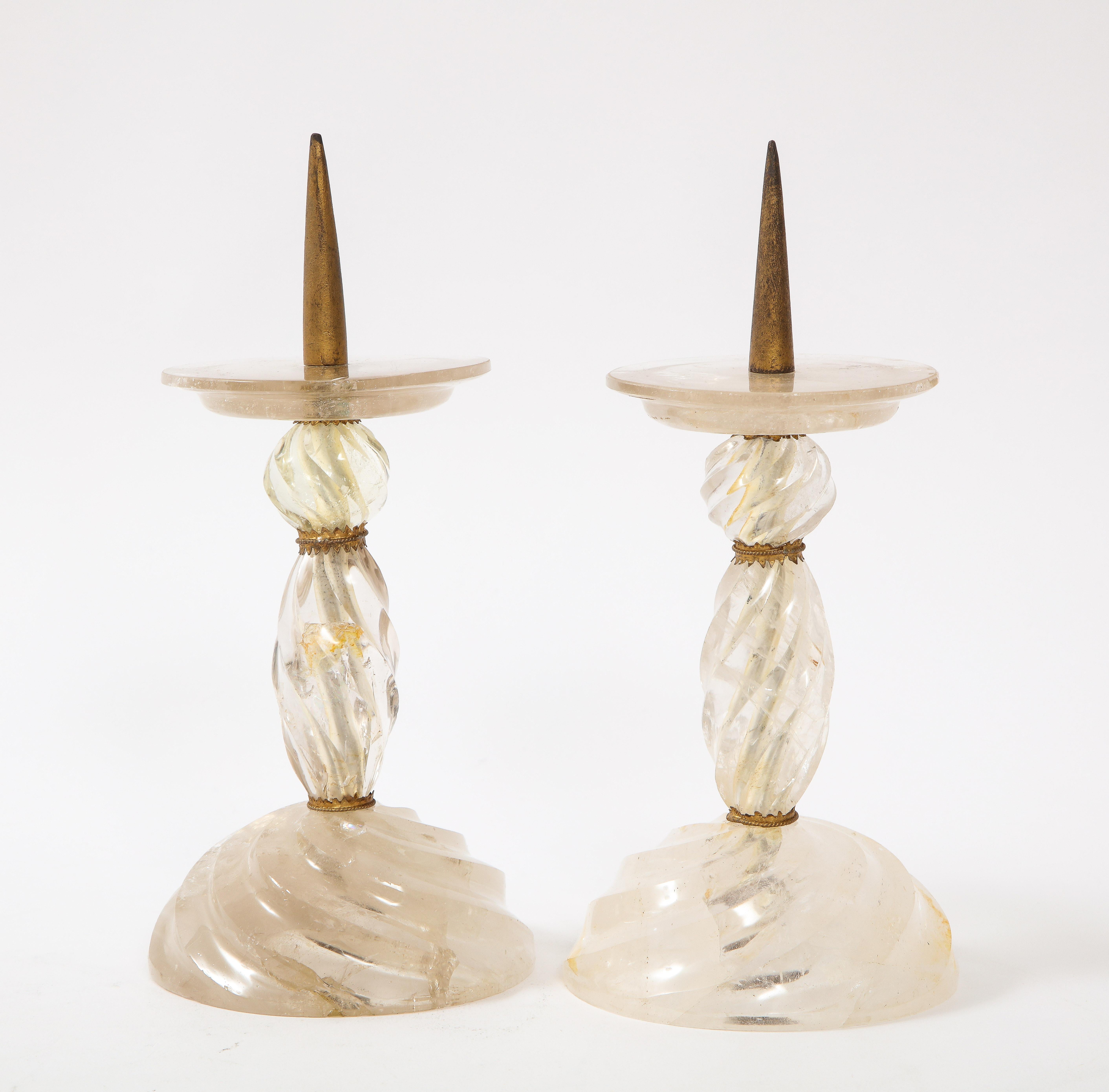 20th Century Pair of French Dore Bronze Mounted Rock Crystal Hand Carved Spiked Candlesticks For Sale