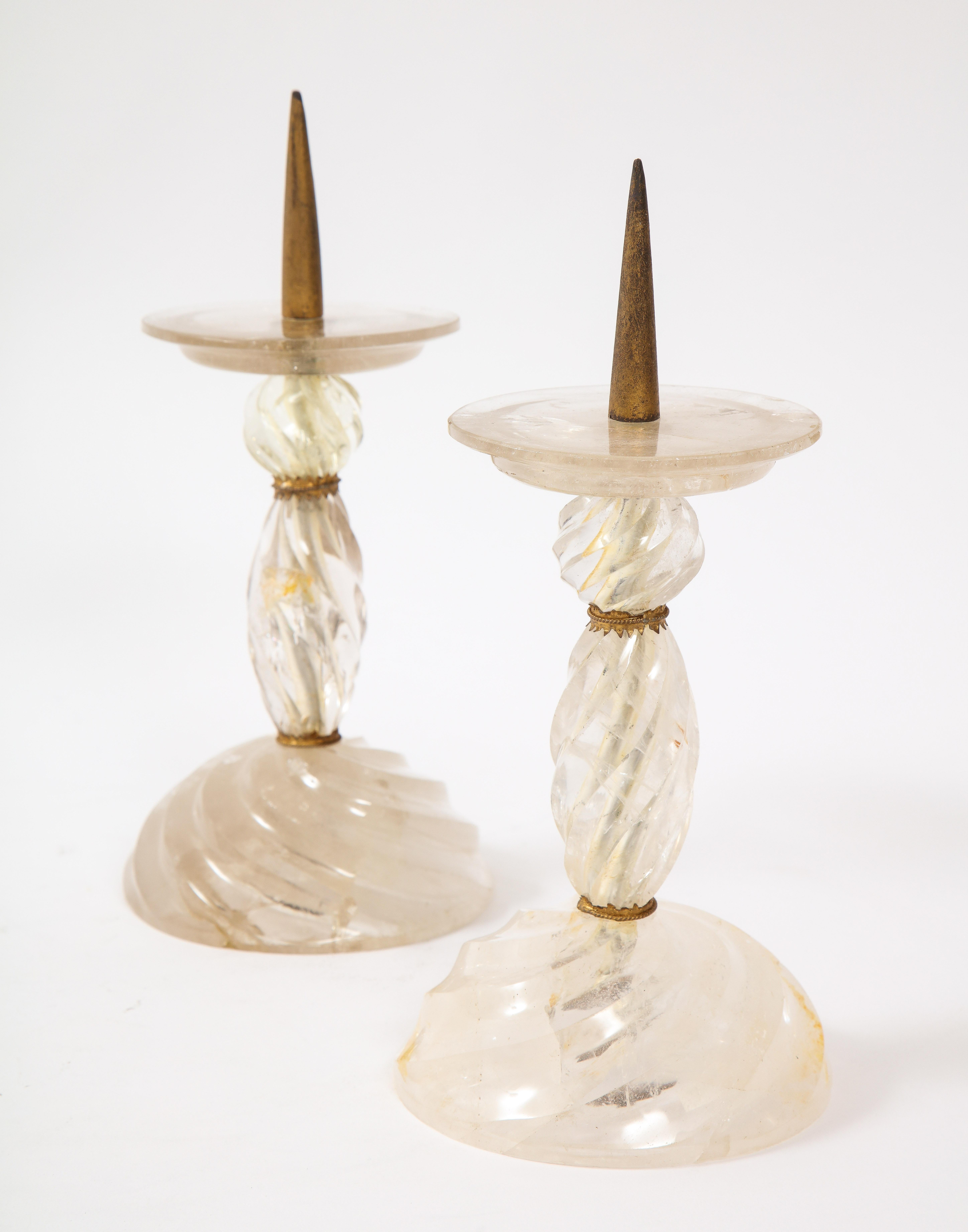 Pair of French Dore Bronze Mounted Rock Crystal Hand Carved Spiked Candlesticks For Sale 3