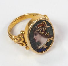 Pre-Raphaelite Enamel and Diamond Ring Depicting a Viking Maiden