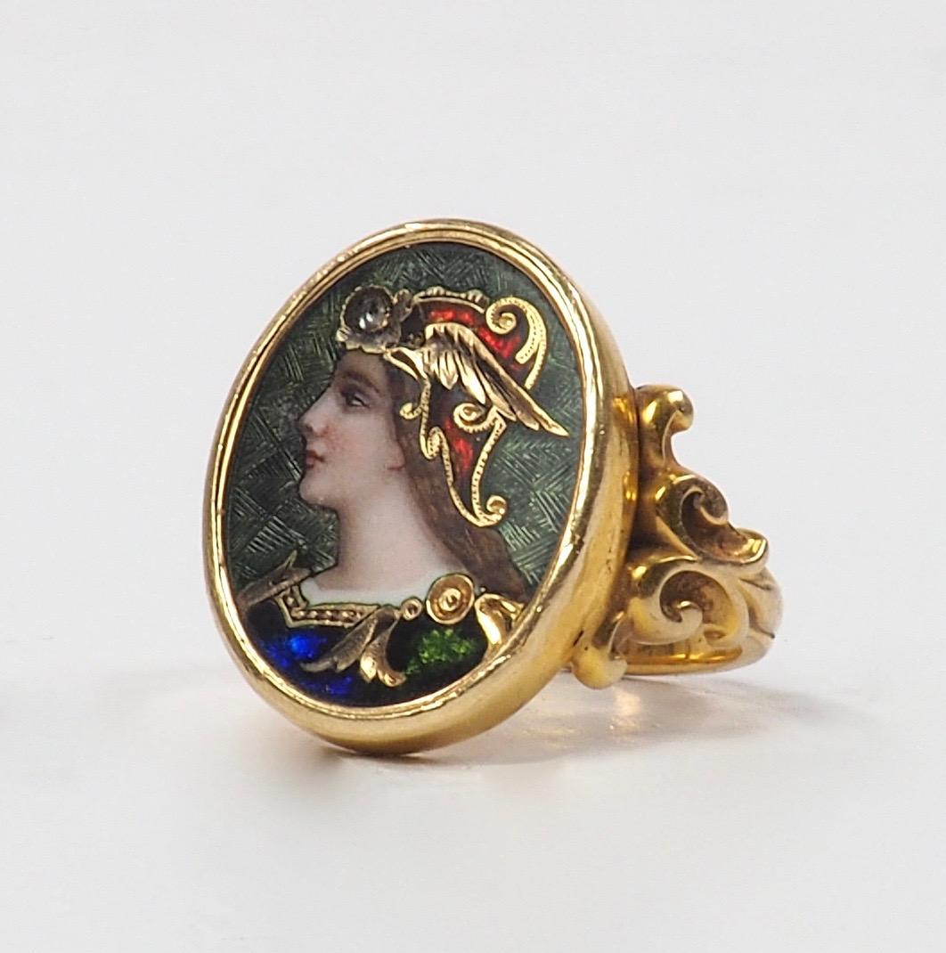 Pre-Raphaelite Enamel and Diamond Ring Depicting a Viking Maiden In Good Condition In London, GB