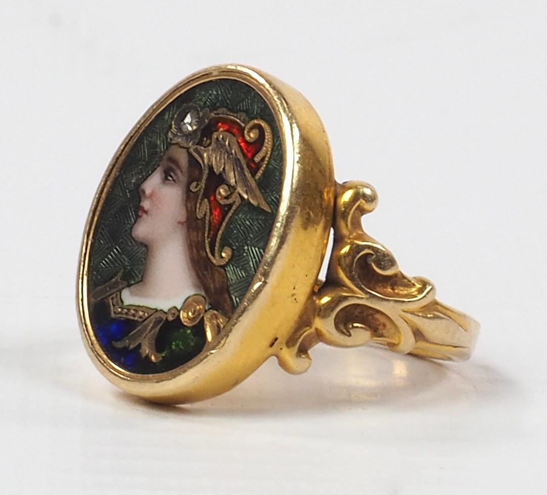 Women's or Men's Pre-Raphaelite Enamel and Diamond Ring Depicting a Viking Maiden