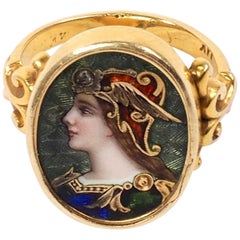 Antique Pre-Raphaelite Enamel and Diamond Ring Depicting a Viking Maiden