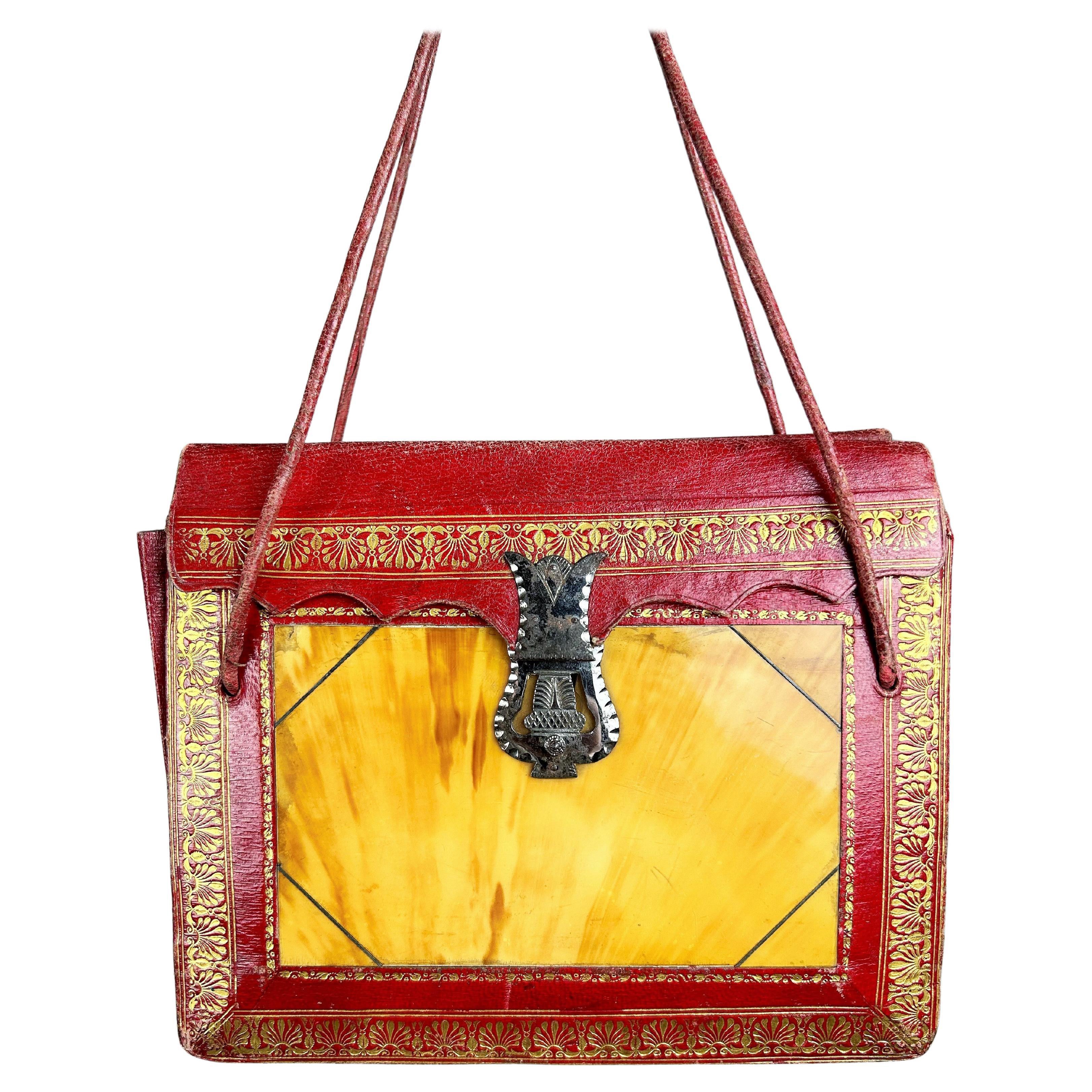 Un precioso monedero Reticule de cuero rojo con incrustaciones de carey - Inglaterra C. 1836 en venta