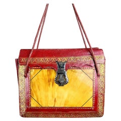 Porte-monnaie réticule en cuir rouge précieux avec incrustation d'écailles de tortue - Angleterre C.C. 1836