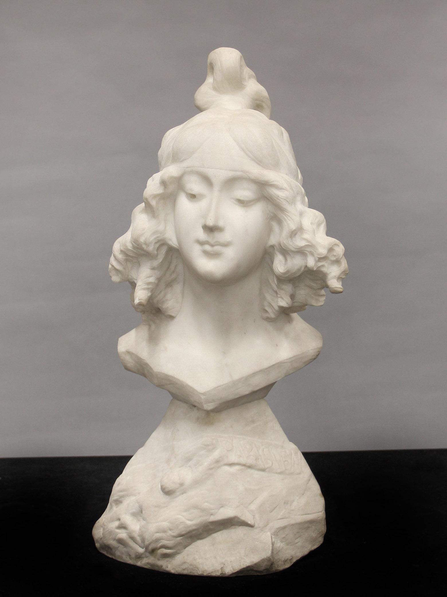 A Pretty Early 20th Century White Carrara Marble Bust of a Woman by Morin

Entitled “Parisien”, the bust depicting a young French girl with curly hair and glancing afar, sitting on a rocky sculpted base.

Signed A. Morin on the back, and Parisien to