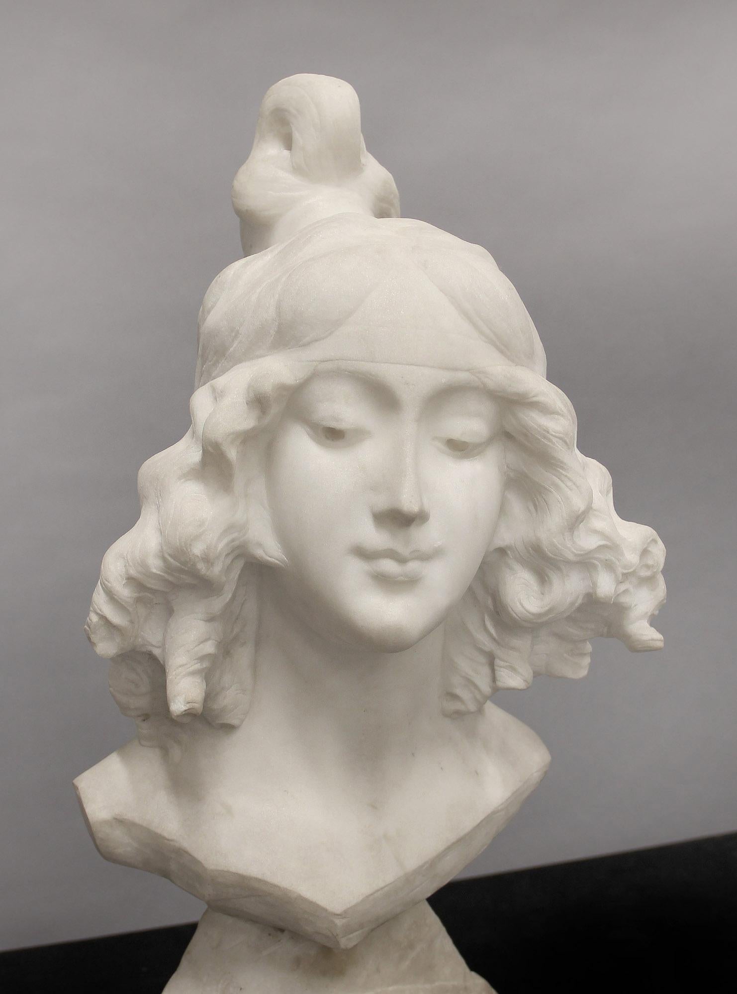 Belle Époque A Pretty Early 20th Century White Carrara Marble Bust of a Woman by Morin For Sale