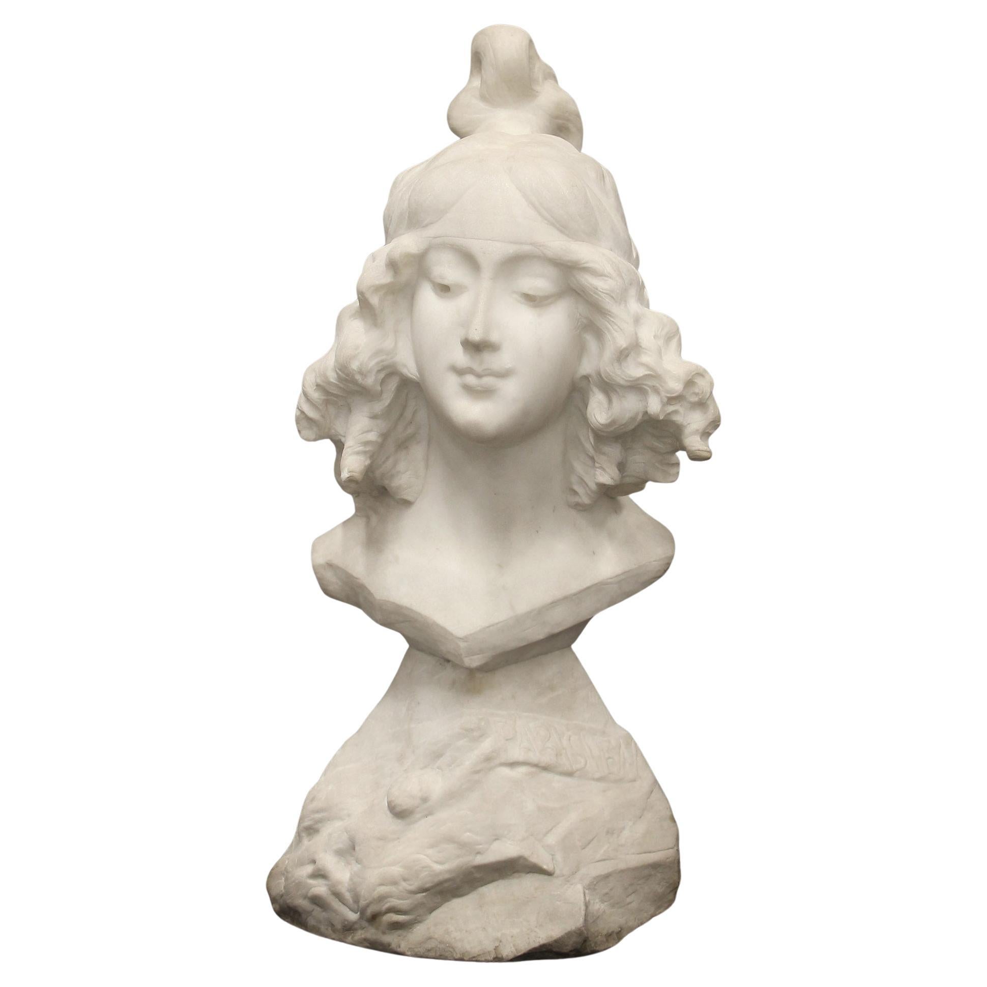 A Pretty Early 20th Century White Carrara Marble Bust of a Woman by Morin